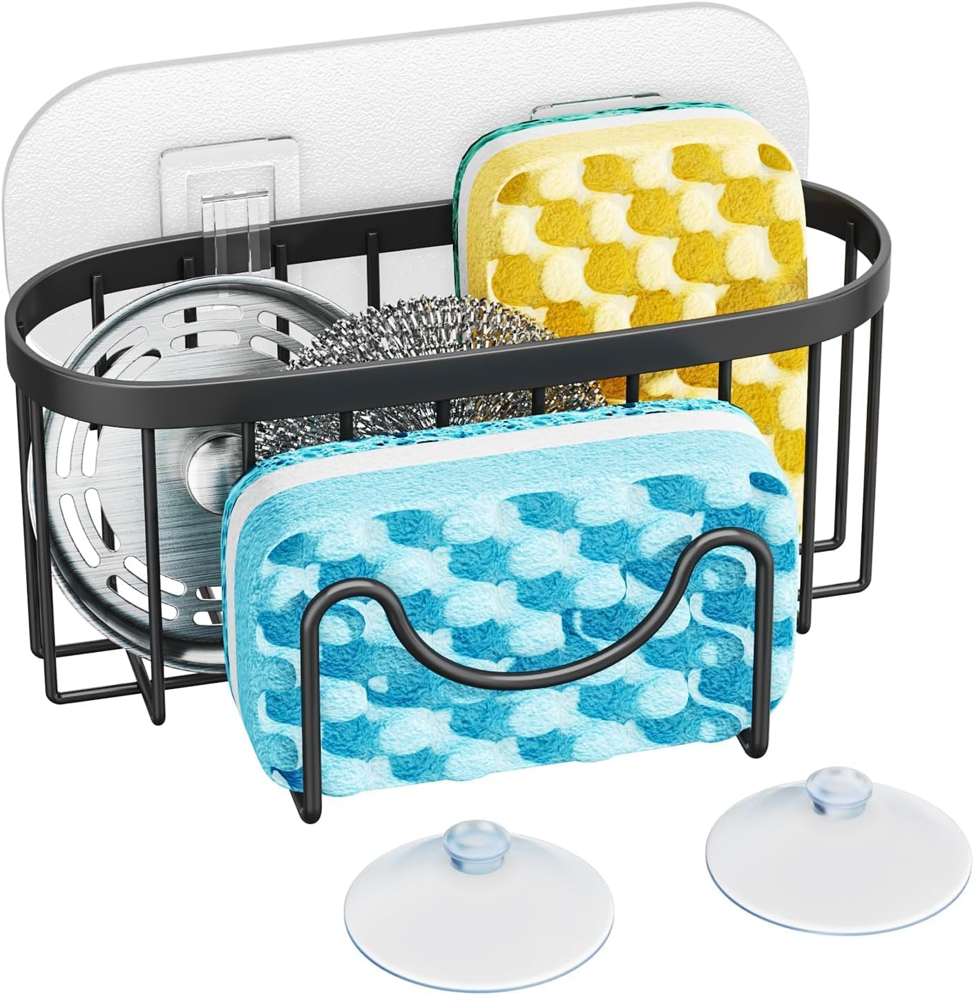 Multifunctional Sponge Holder with Unique M-Shaped, 2 Installation Methods Kitchen Sink Caddy Organizer, Rustproof Stainless Steel Sponge Caddy for Brush, Black (Black, 6.49In*1.96In*2.95In)