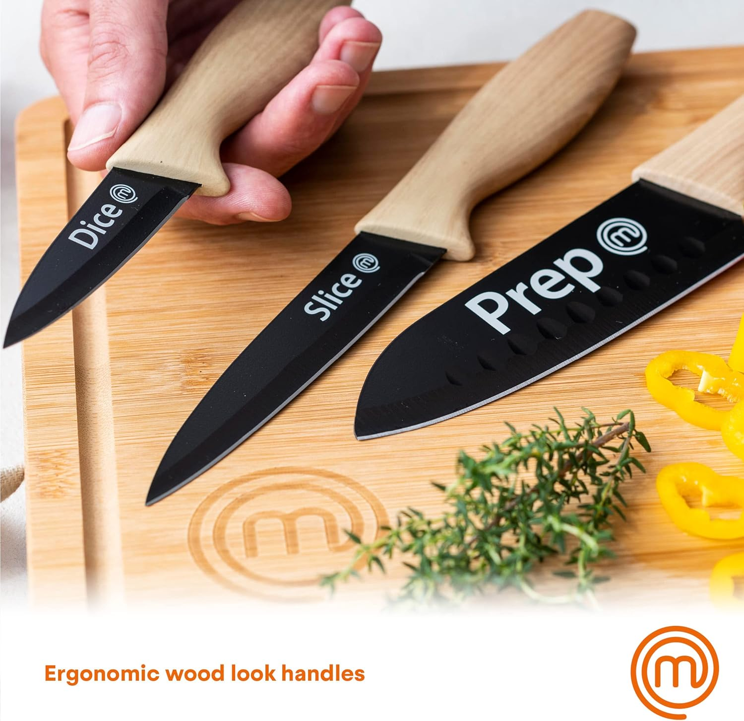 Masterchef Knife Set of 3 Kitchen Knives for Cooking (Chef, Paring & Utility), Professional Sharp Stainless Steel, Non Stick Blades & Soft Touch Handles, Easy Grip, Natural Collection, 3 Piece image number 2
