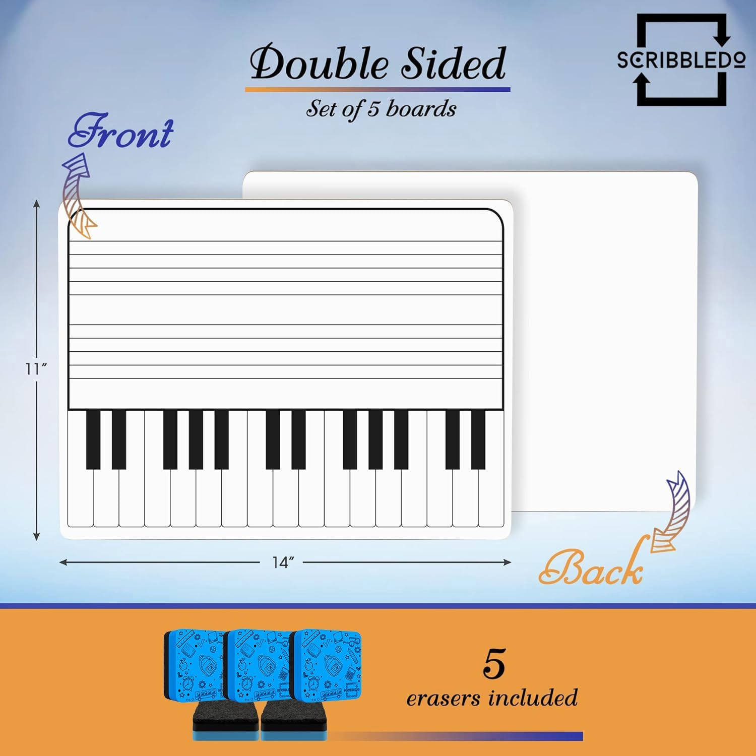 Scribbledo 5 Pack 11 X 14 Inch Piano Board Dry Erase White Boards Keyboard Lapboard L Double Sided Music Staff Whiteboard for Kids Students, Musicians and Home (5 Erasers Included) image number 1