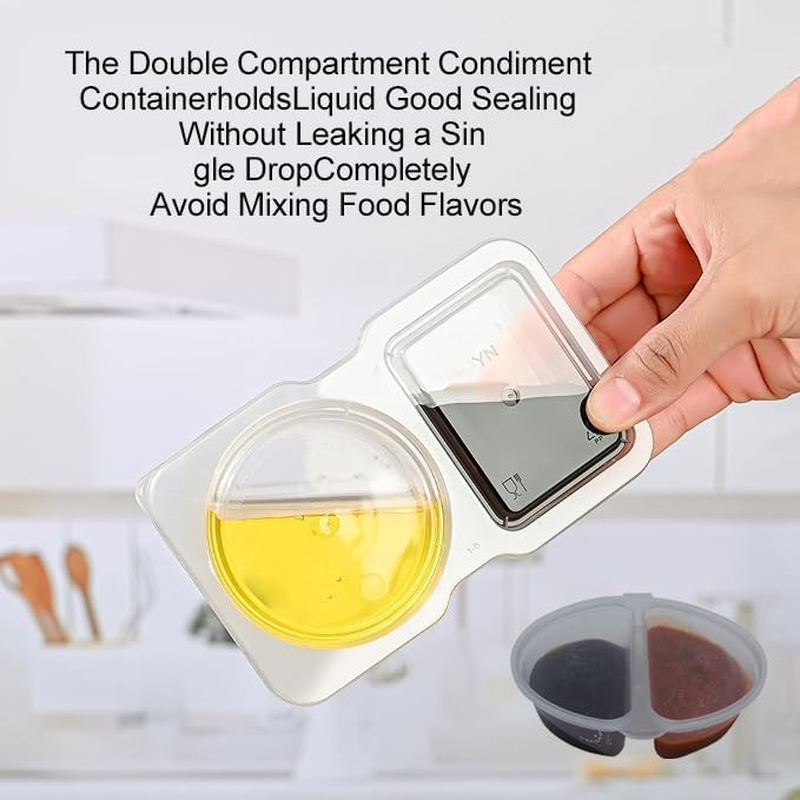 WEZCHUGHAOL 20 Pcs Double Compartment Condiment Containers with Lids 2024 New Reusable Plastic Condiment Snack Containers 2 Sided Compartment Packs for To-Go Dip, Sauce, Sampling, Travel Snack (150ML) image number 6
