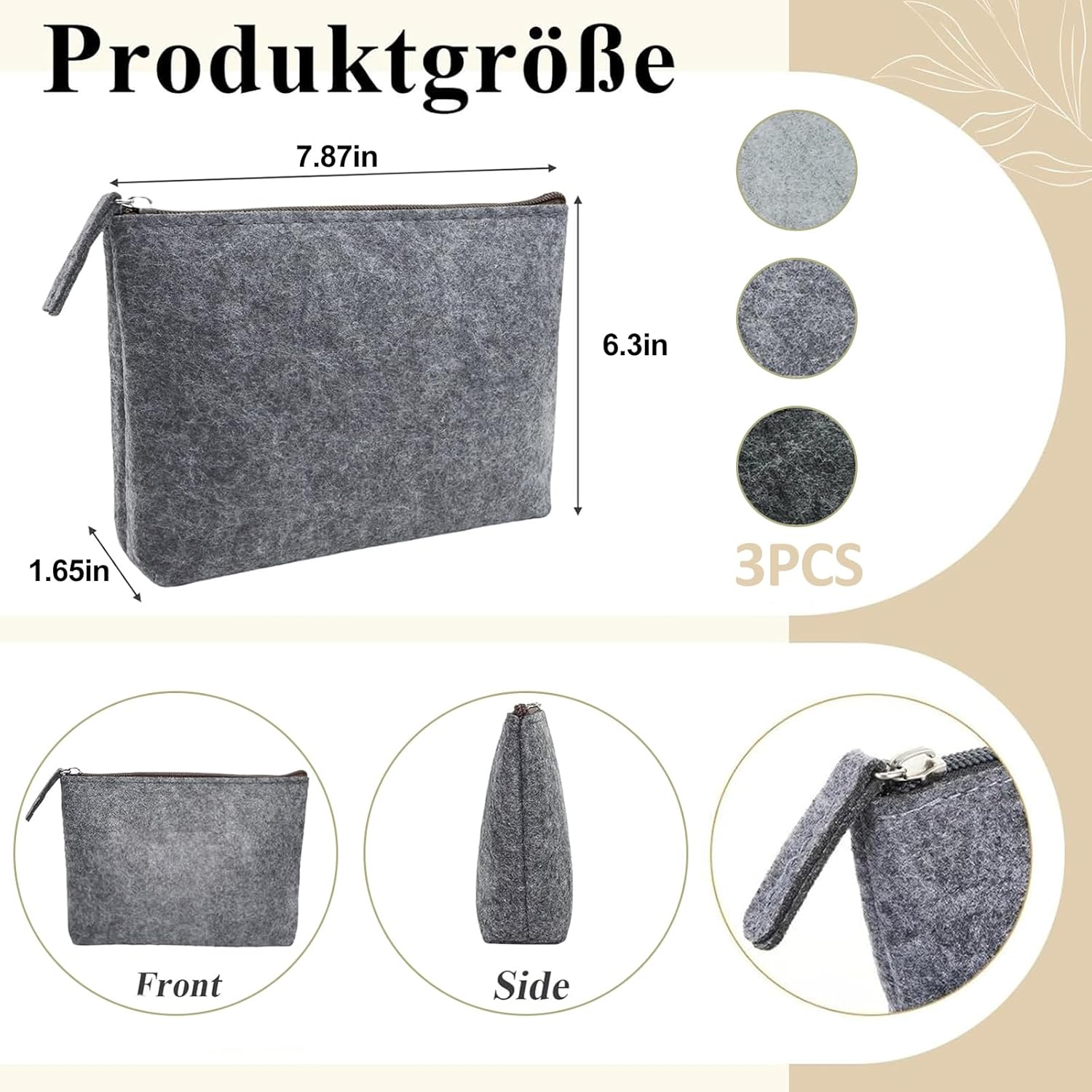 Hshenjhu Set of 3 Felt Cosmetic Bags for Plotting 20 X 16 Cm Portable Cosmetic Bag Organiser, Felt Pencil Case, Ideal Travel and Storage Storage Bags, Gray image number 6