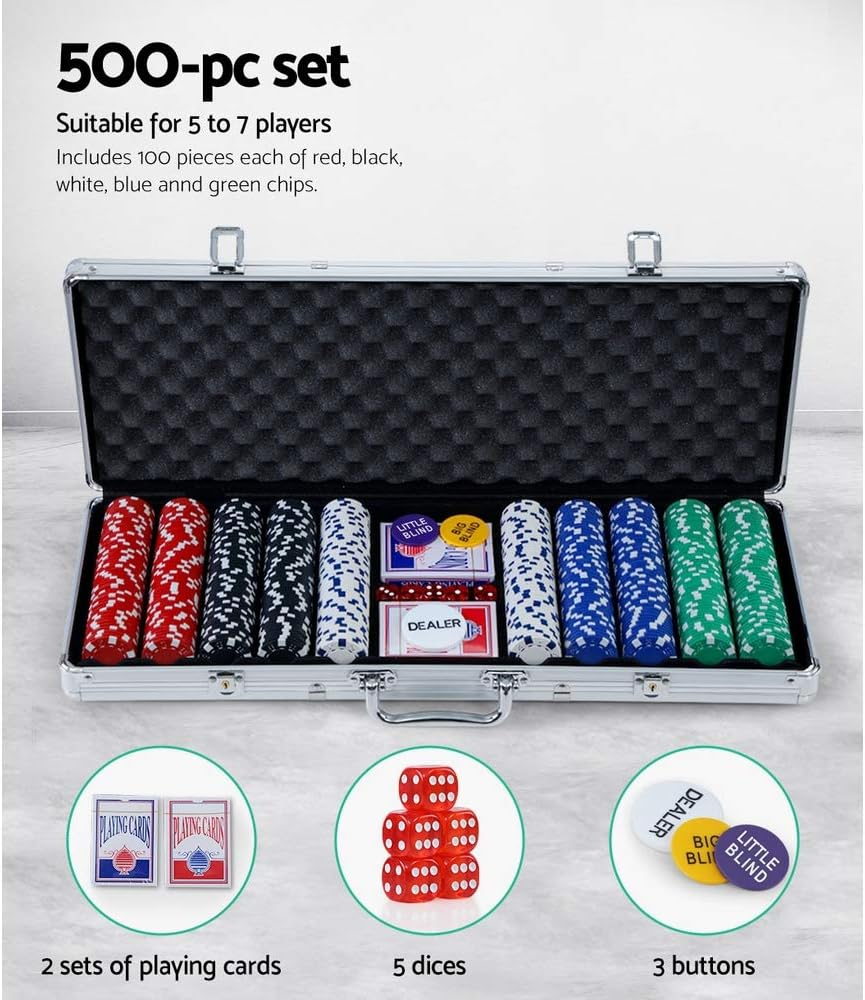 500Pcs Poker Chips Set, Casino Betting Chip Case Party Carry Bag Dice Sets Playing Cards Number Accessories for Games Night, with 5 Dices 3 Buttons Aluminum Cases image number 4