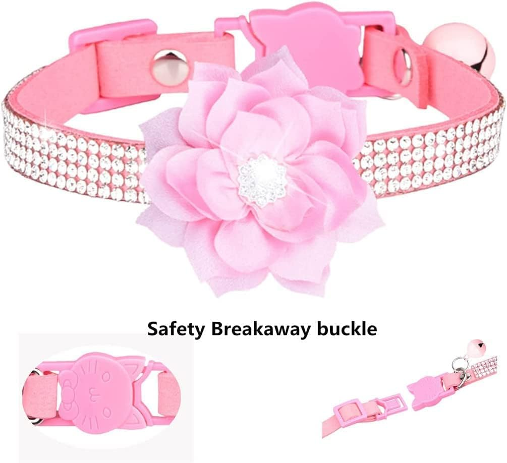 Cat Collars,Rhinestone for Girl Cats Bling Kitten Flower Adjustable Breakaway Collar with Bell Soft Velvet Leather Collar for Puppy Small Dogs (Pink1) - Hot Pink image number 6
