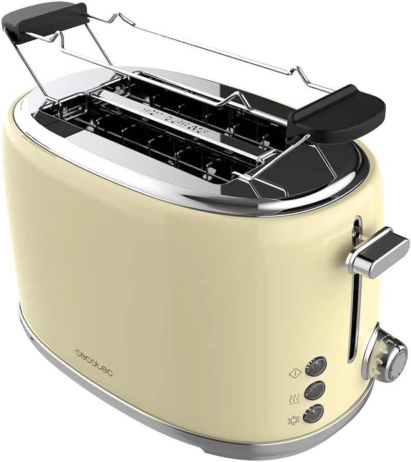 Cecotec Toaster 4 Slices Toast & Button 1600 Retro Double Inox, 1630 W, 2 Wide and Long Slots of 3.8 Cm, Stainless Steel, Top Racks, Adjustable Power, Crumb Drawer