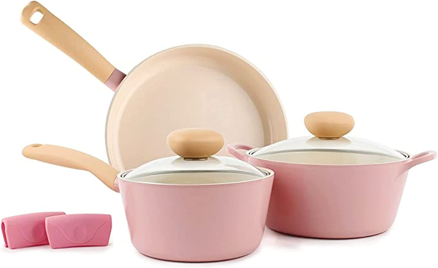 Neoflam Retro 5-Piece Ceramic Nonstick Cookware Set, PFOA Free Pots and Pans with Integrated Steam Vent Lid Knob Prevents Boil over and Heat Resistant Silicone Grips for Safer Cooking at Kitchen, Pink
