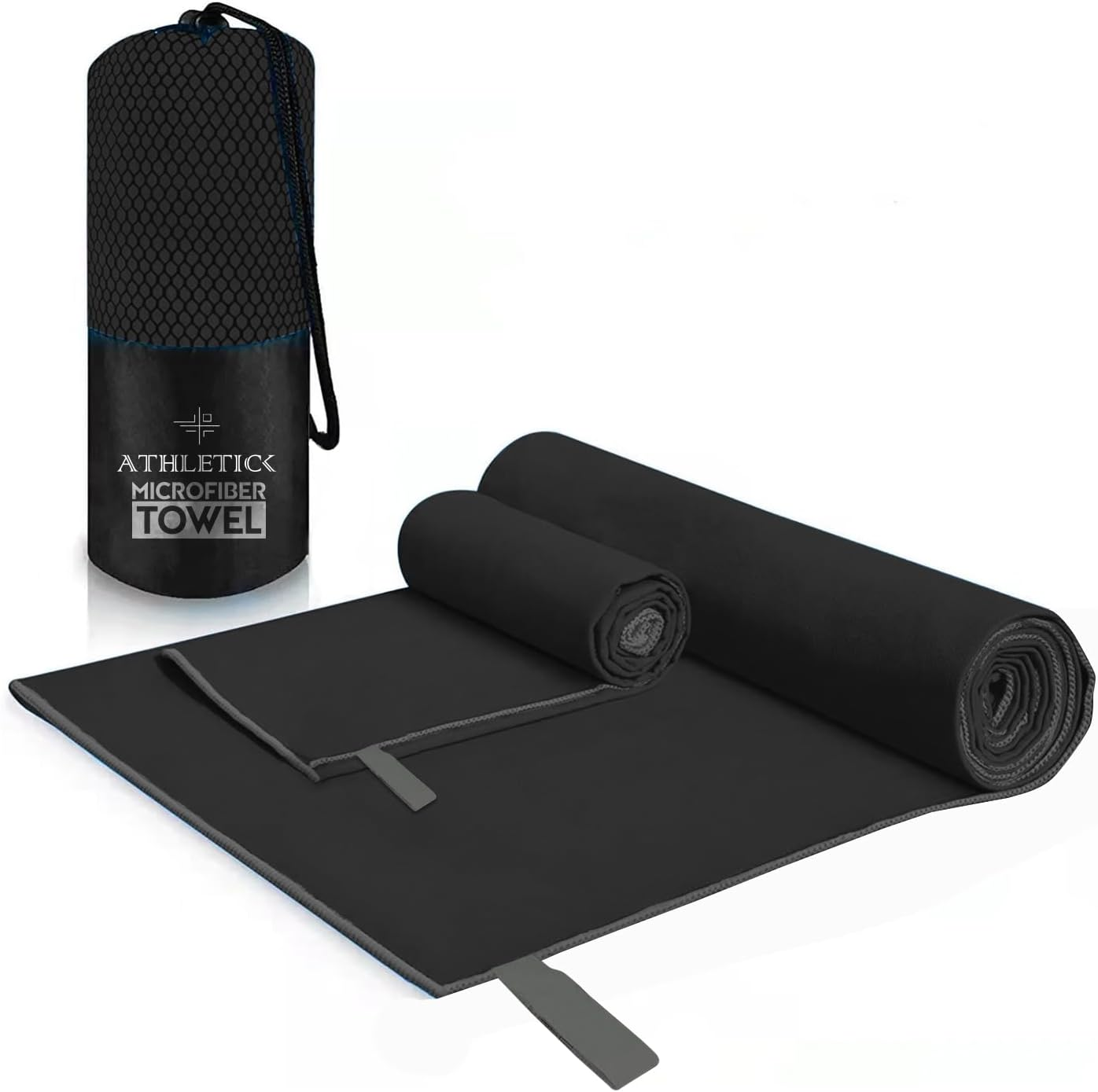 ATHLETICK 2 Pack Microfibre Towel Set for Gym, Yoga, Sports,Camping & Travel-400Gsm Quick Dry, Soft Hand Towels-Lightweight for Beach,Bath,Hiking,Hair & Kitchen-Super Absorbent with Bag (Grey)