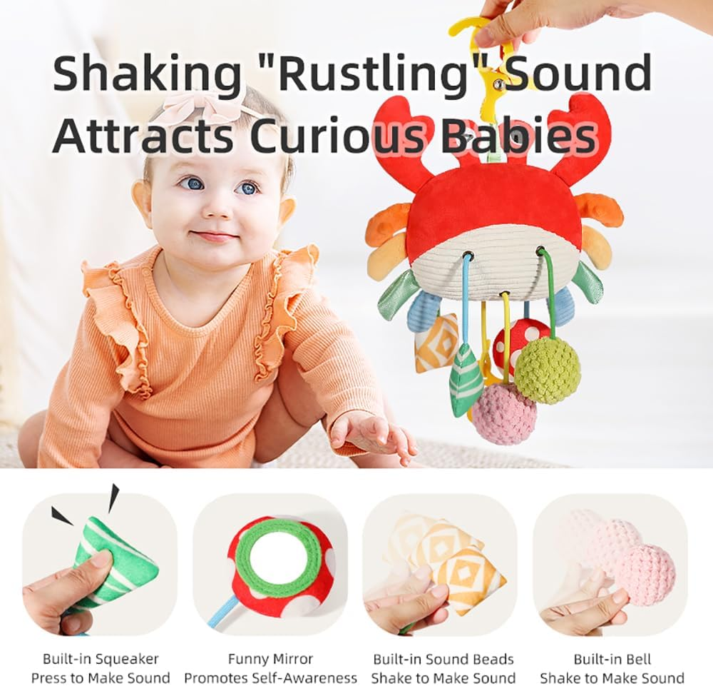 Crab Car Seat & Stroller Toy for Babies 0-12 Months, Sensory Hanging Toy with Rattle, Mirror, Squeaker, Bpa-Free Pull Strings, Fine Motor Skills Baby Newborn Infant Boy Girl image number 1