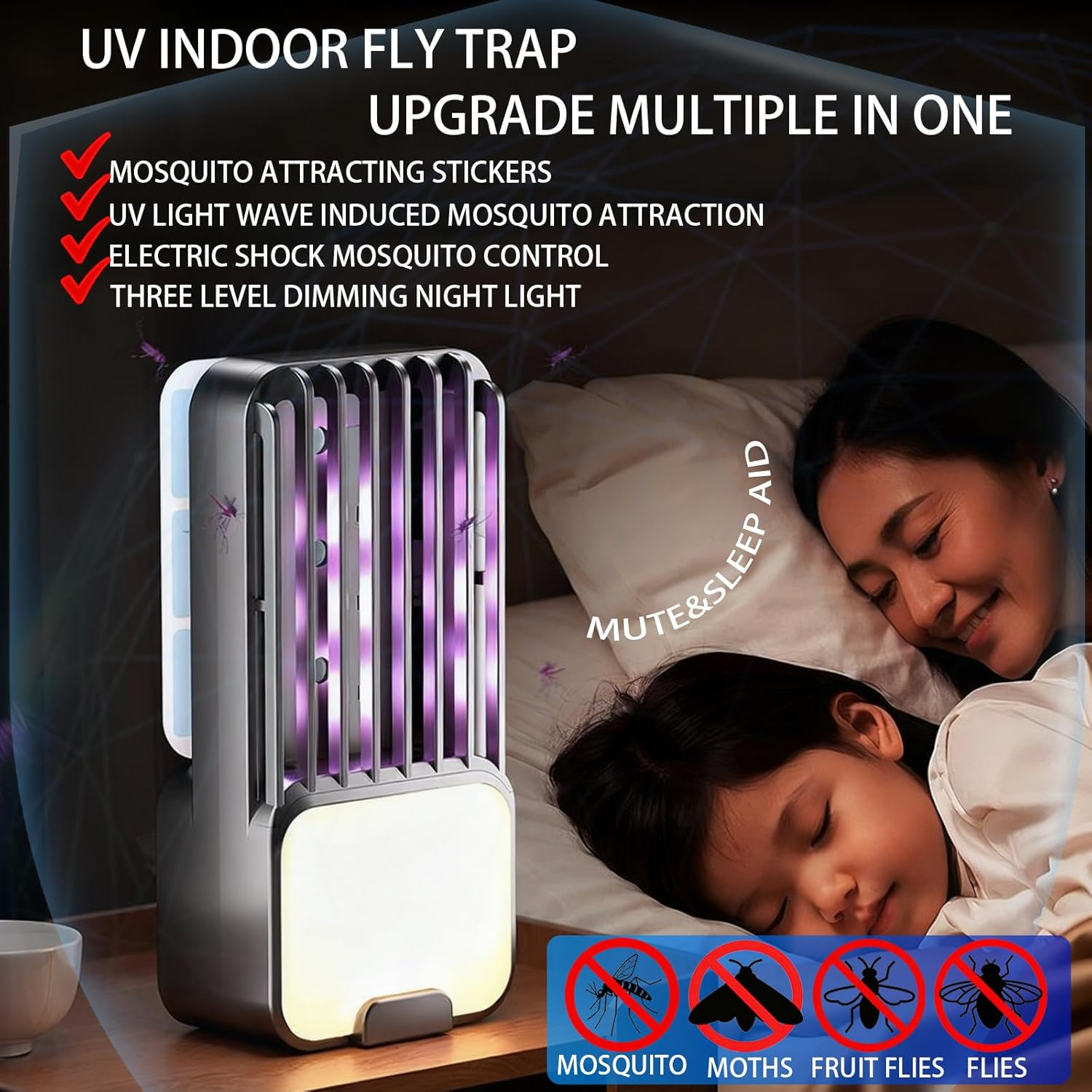 Mosquito Zapper,Usb Plug Fly Zapper Flying Insect Trap for Flies, Fruit Flies, Moths & Gnats,Bug Zapper Indoor UV Attractant Stick Gnat Trap Catcher&Adjustable Night Light&5Pcs Adhesive Cards image number 5