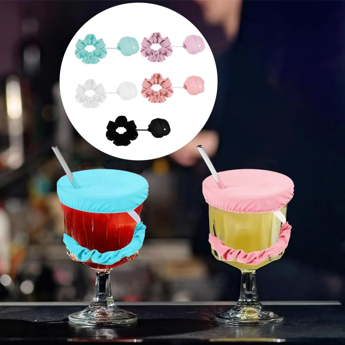Pack of 5 Hair Band Drink Cover Drop Protection Bracelet Cap Scrunchie Hair Band Drink Cover Anti-Spike Drink Covers Disco Club Drinks Covers for Bar Parties Drinks and Evenings
