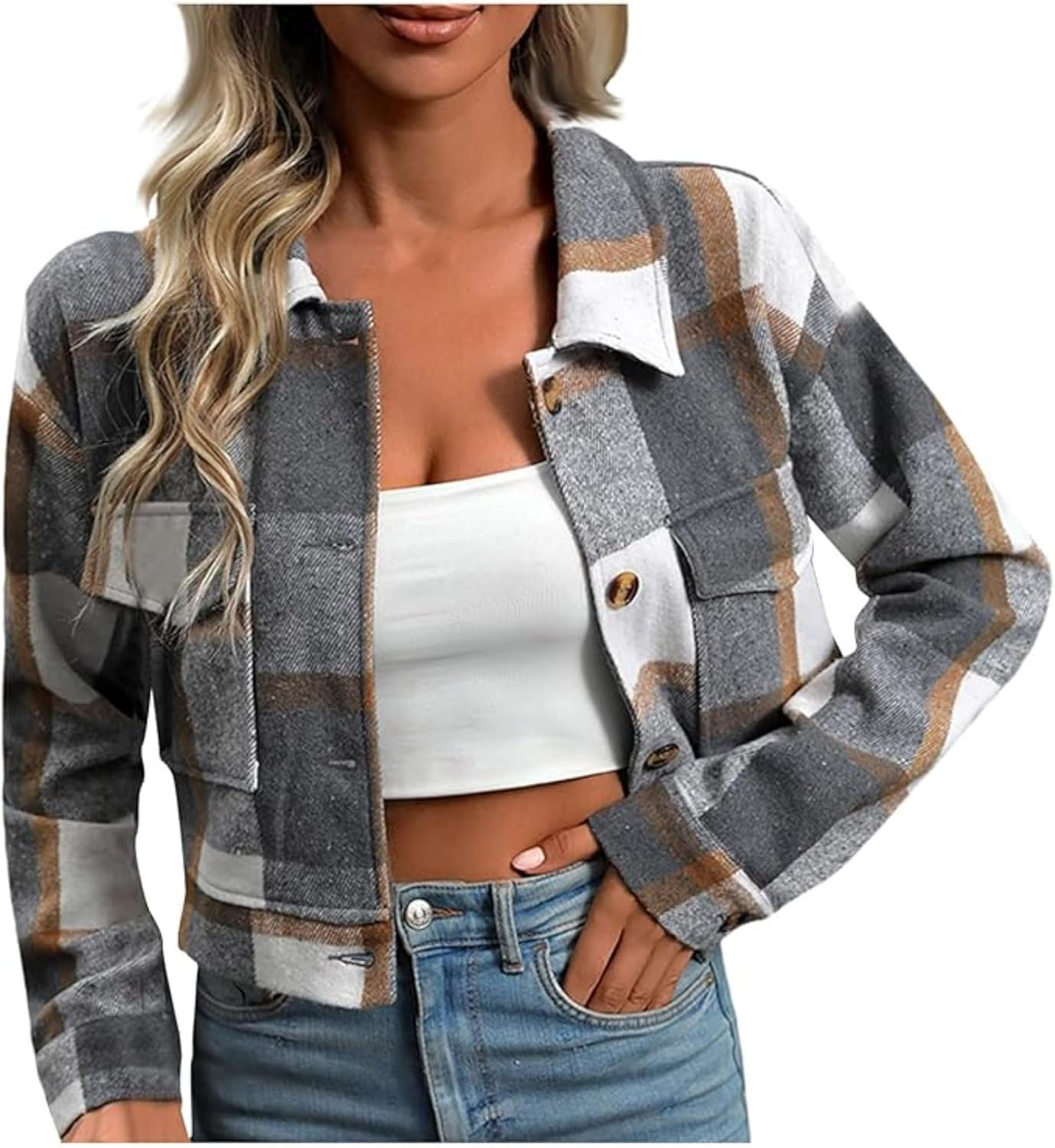Women'S Casual Flannel Jacket Button down Shirts Jacket Coats Long Sleeve Tops with Pockets image number 3