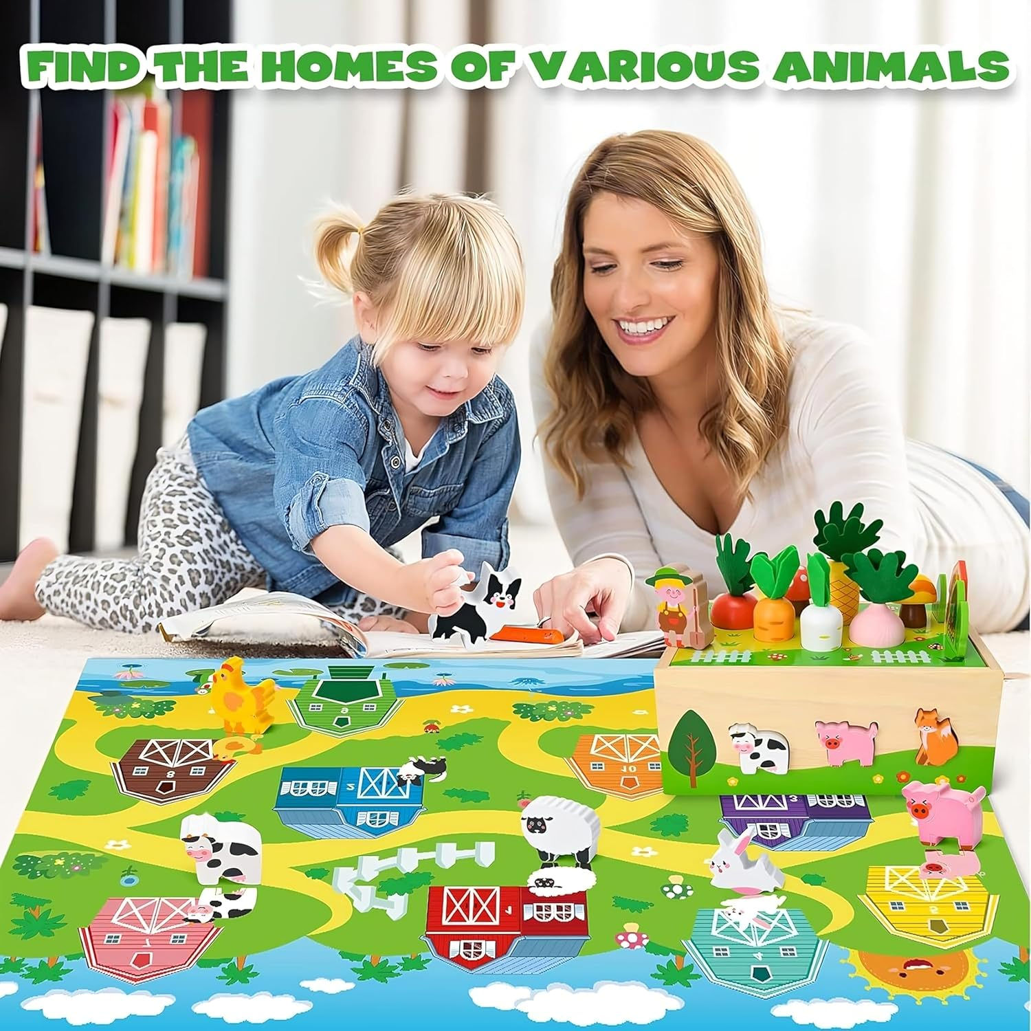 Toddler Montessori Toys Age 1-3, Wooden Educational Farm Play Set, Catching & Shape Sorting Car, Birthday 1 2 Year Old Boys Girls image number 2