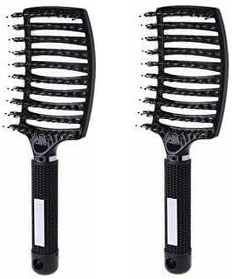 Leona Co 2Pcs Hair Brush, Detangling Hairbrush Boar Bristle Curved Vented Hair Brush for Women Men Kids Curly Thick Long Short Wet or Dry Hair, Faster Blow Drying (Black)