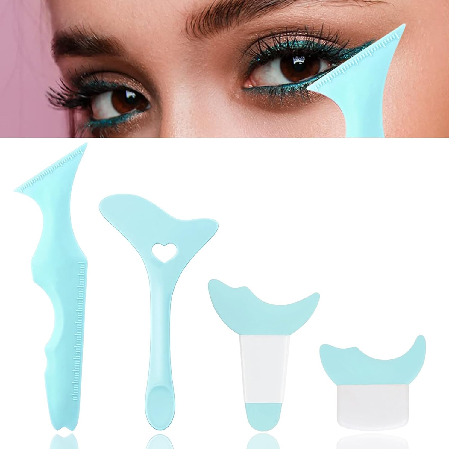 Eyeliner Stencils Tool Kit, 4Pcs Wing Tips, Eyeshadow Baffle, Eyeliner Aid for Beginners & Makeup Masters - Blue image number 3