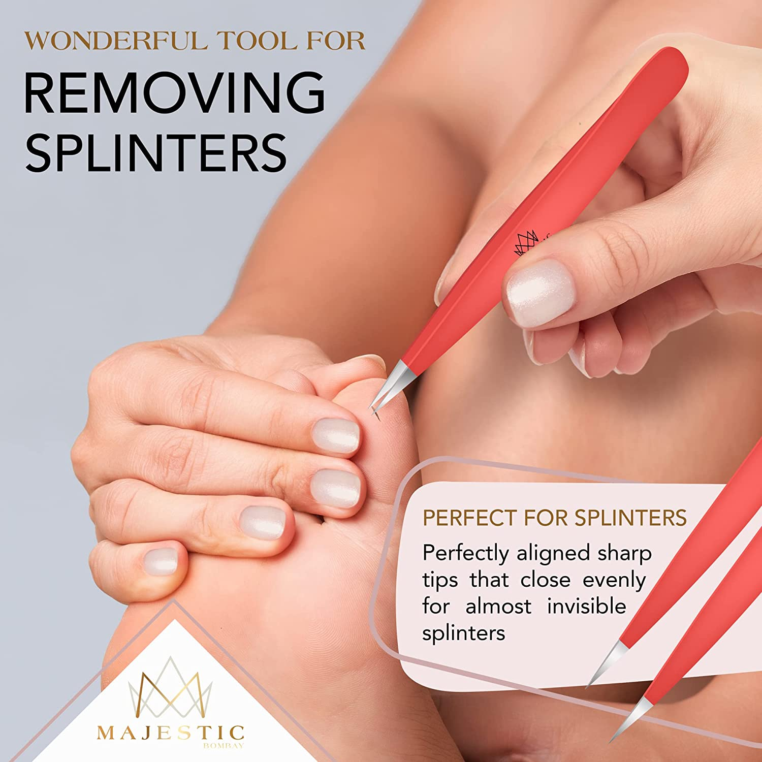 Majestic Bombay Fine Point + Slant Tweezers for Women and Men &ndash; Splinter Ticks, Facial, Brow and Ingrown Hair Removal&ndash;Sharp, Needle Nose, Surgical Tweezers Precision Best Tweezers for Chin Hair - Silver image number 5