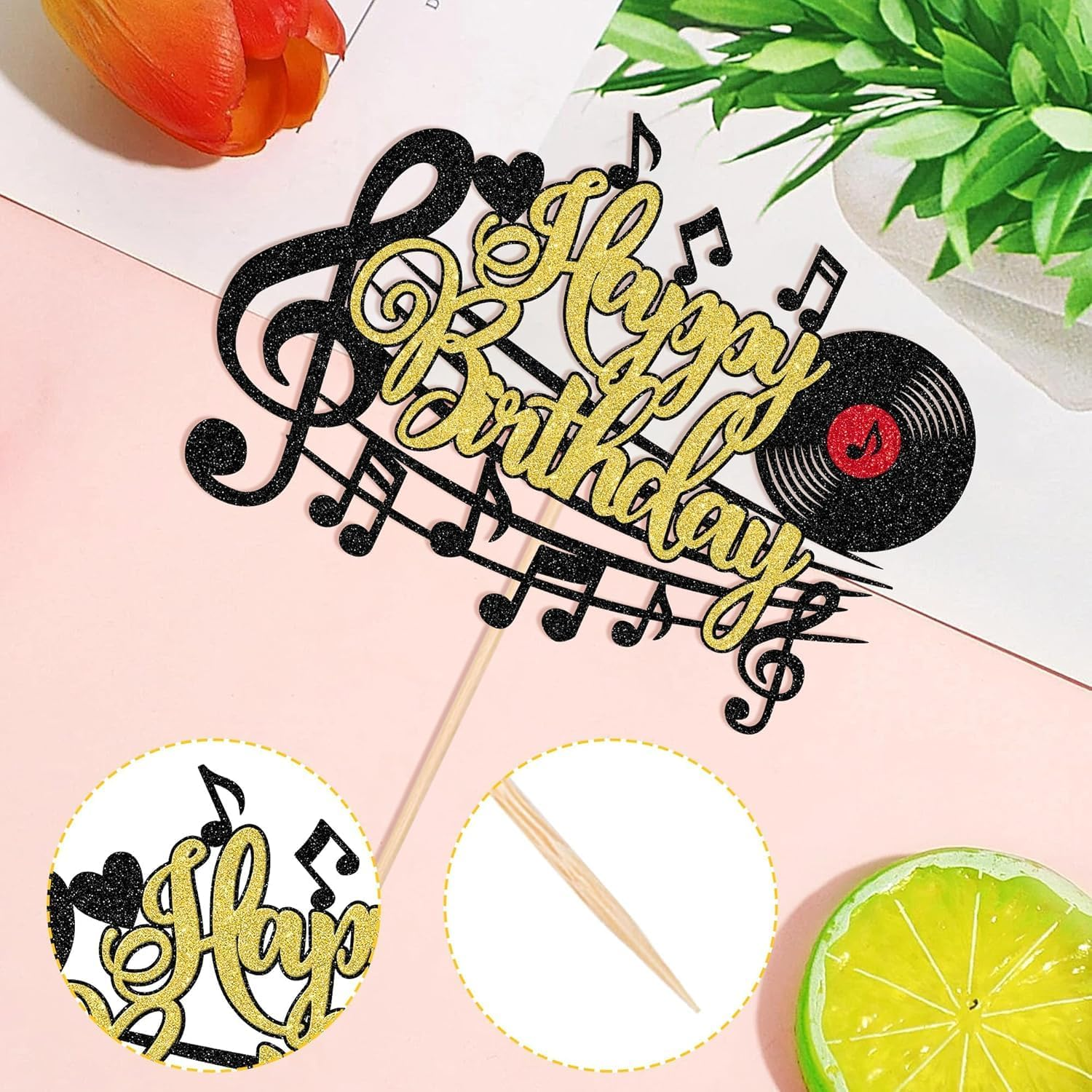 SYKYCTCY 1 Pack Music Happy Birthday Cake Topper Glitter Musical Symbol Note Microphone Lover Birthday Cake Pick for Music Concert Singer Theme Birthday Party Cake Decoration Supplies (#1) image number 1