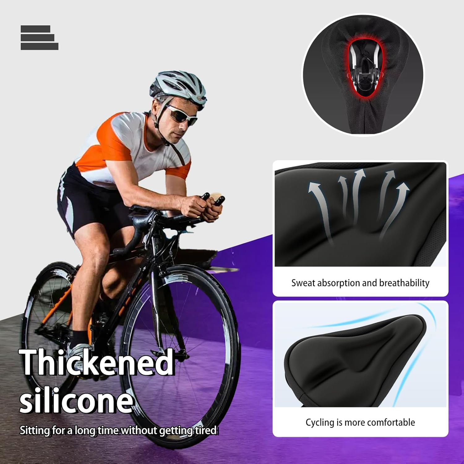 Gel Bike Seat Cover Cushion,Universal Bicycle Saddle Cover with Non-Slip Base,3D Relief Design for Road Mountain Spin Bikes,Comfortable Cycling Seat Pad Black image number 2