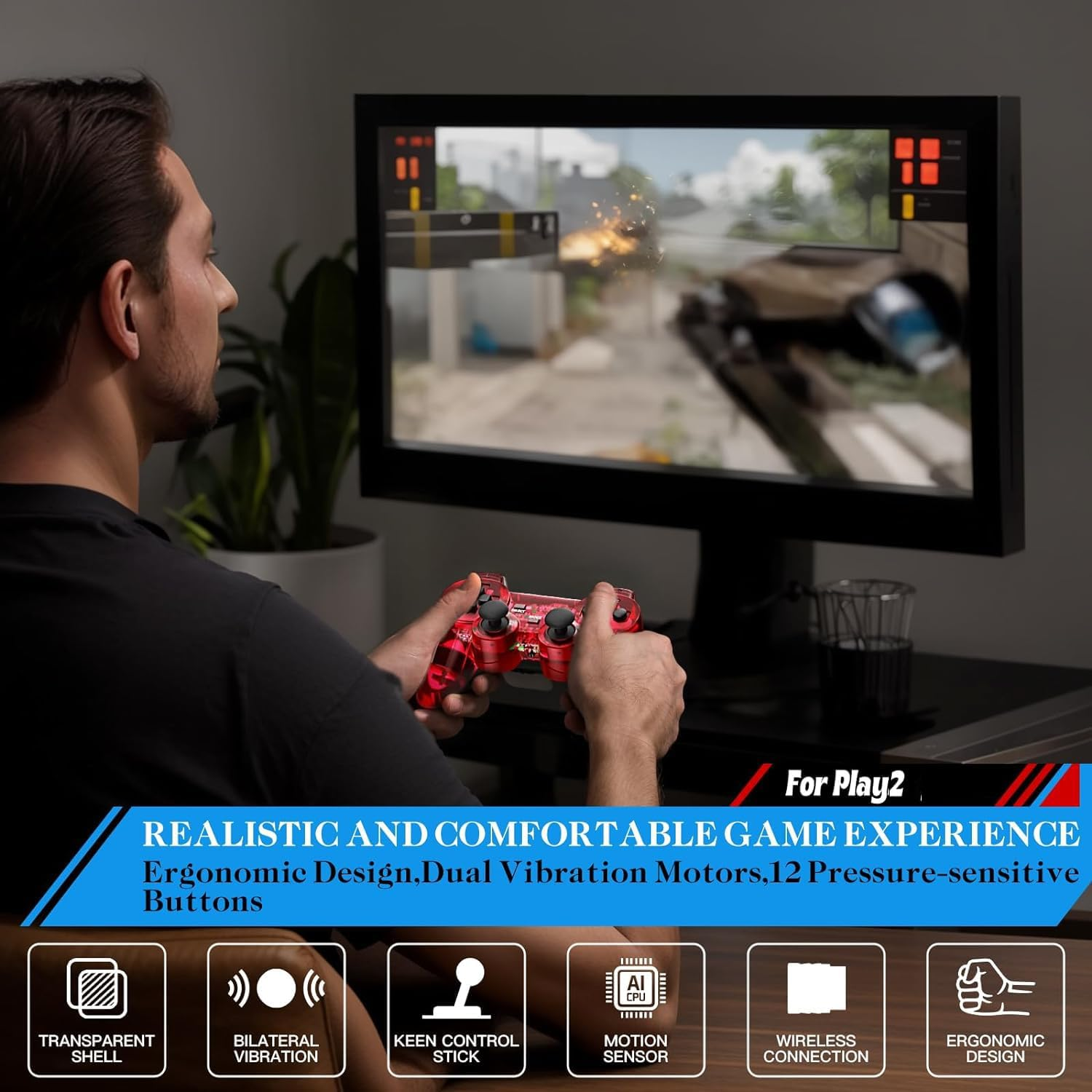 Wired Controller for PS2 Double Shock, 2 Pack Gamepad Remote Compatible with Play Station 2 (Clear Red and Clear Blue) - Clear Red And Clear Blue image number 4