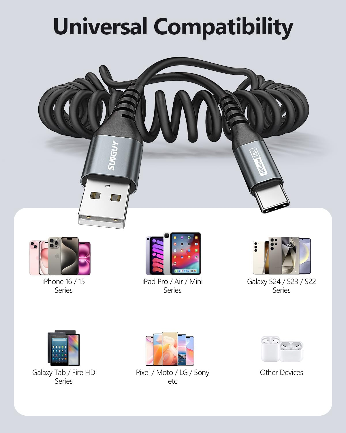 SUNGUY Coiled USB C Cable, 1Pack 1.5M【Recommended Stretch Length: 0.4-1M】 USB to USB-C Cable and Data-Cable for Android Auto, Carplay, Iphone 17/16/15 Series, Galaxy S24 Ultra, Pixel, Xiaomi - Grey