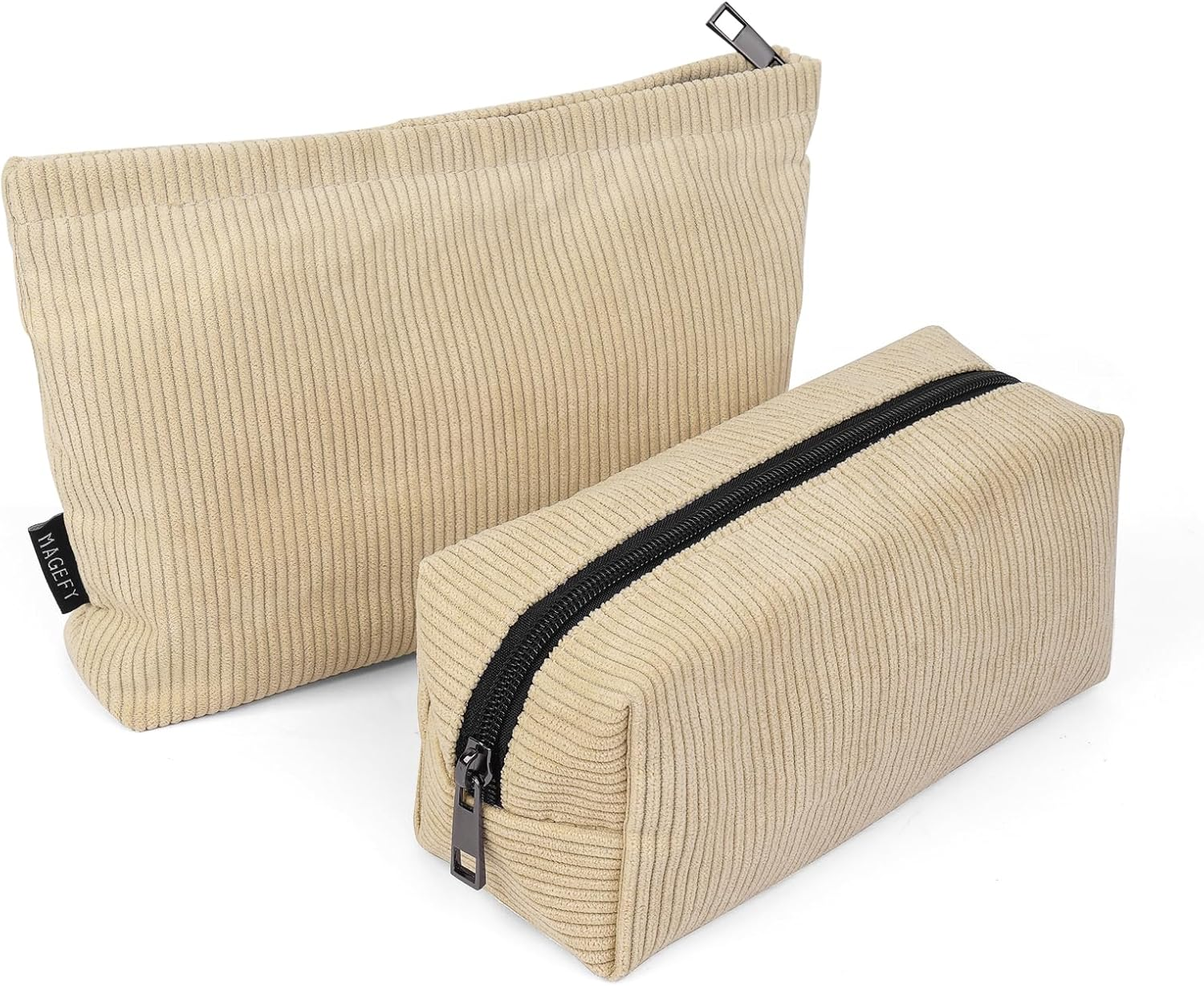 MAGEFY 2 Pcs Makeup Bags for Women, Corduroy Make up Bag for Purse Travel Makeup Bag Small Cosmetic Bags with Zipper Makeup Pouch for Travelling(Beige) - Green image number 2