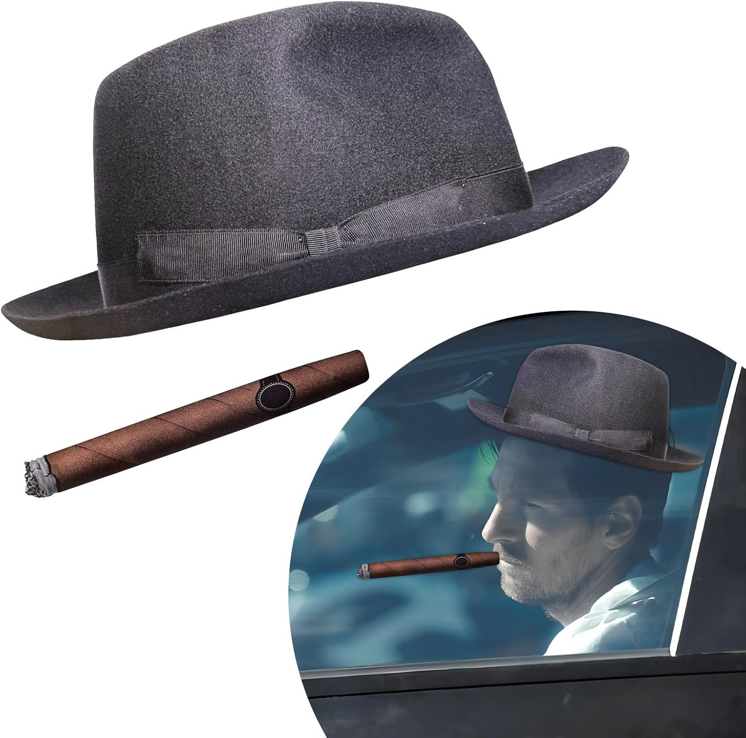 DXNQ Fedora and Cigar Window Decal, Funny Driving Fake with Hat and Cigar Car Stickers, Waterproof Driving Crooner Decals for Vehicle Window Windshield, Car Decor Accessories (Style A)