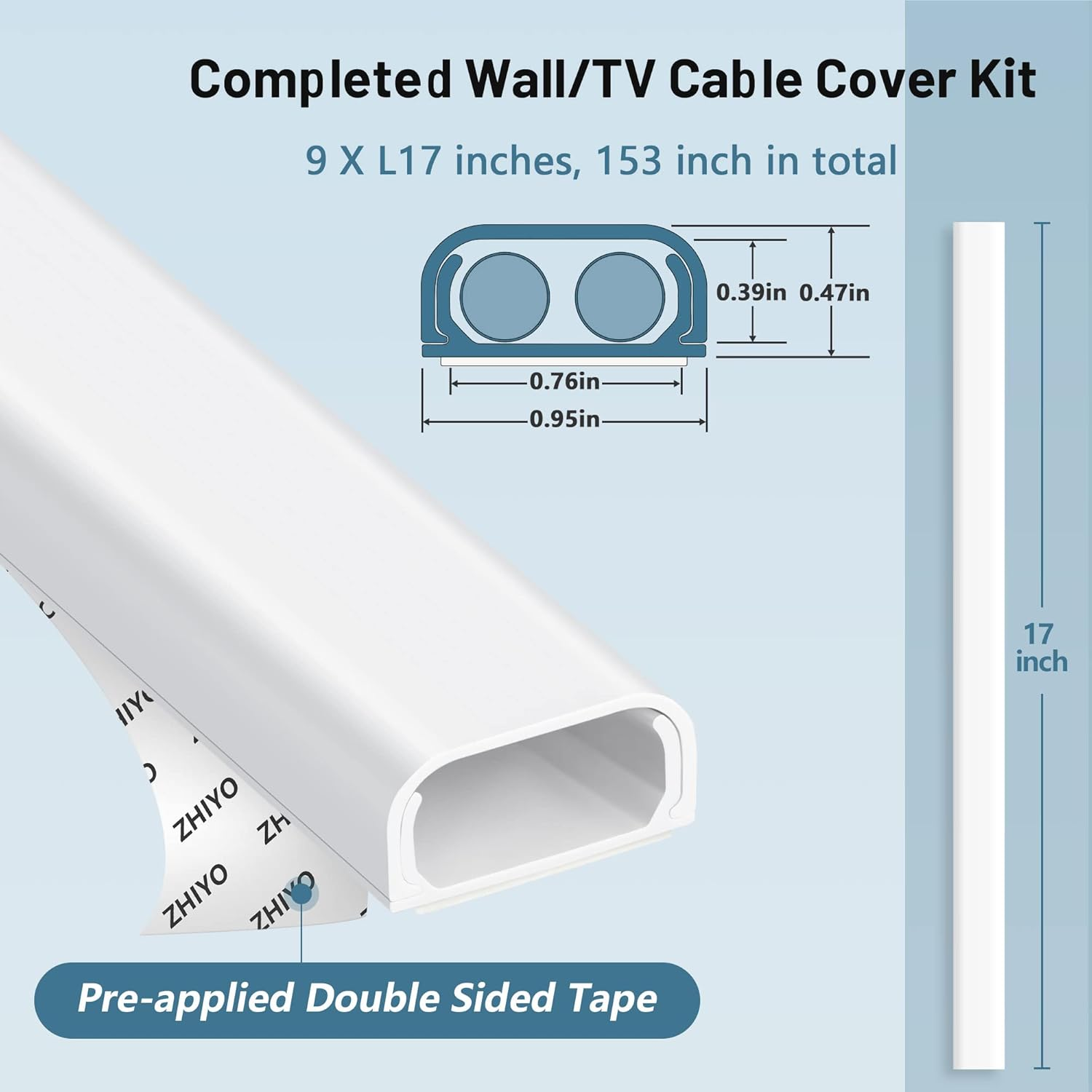 153In Cord Hider Wall, Wire Hiders for 3 Cords, Cord Cover for 2 Thick Extension Cables, Paintable Cable Cover to Hide Cords Wall Mounted TV, Cord Concealer, 9X L17In X W0.95In X 0.47In, White image number 3