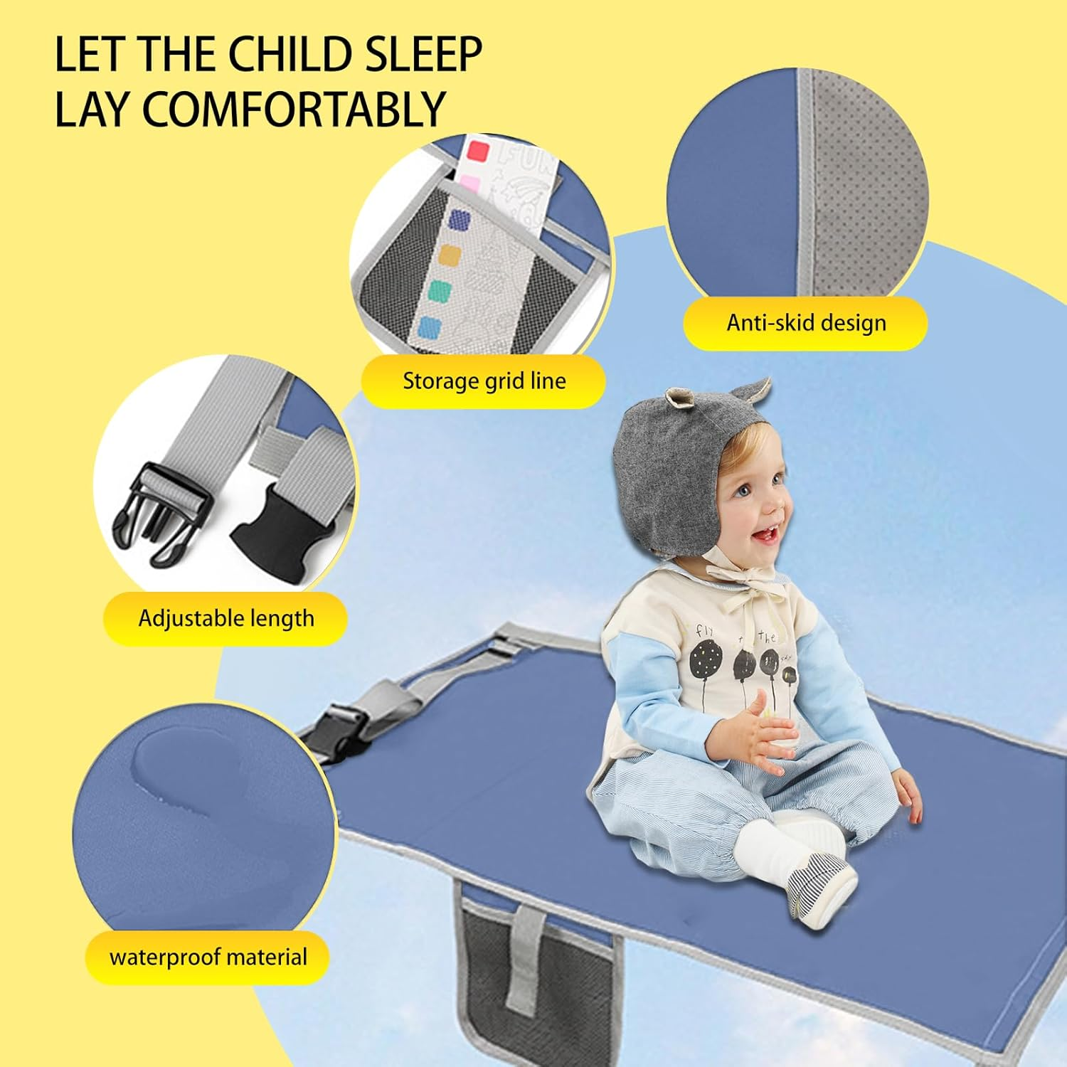 Blue Airplane Bed for Toddler 76&times;44.5Cm, Airplane Seat Extender for Travel Waterproof Lightweight Airplane Foot Hammock Suitable for All Aircraft Seats,Comfortable Flight Companion for Your Child image number 3
