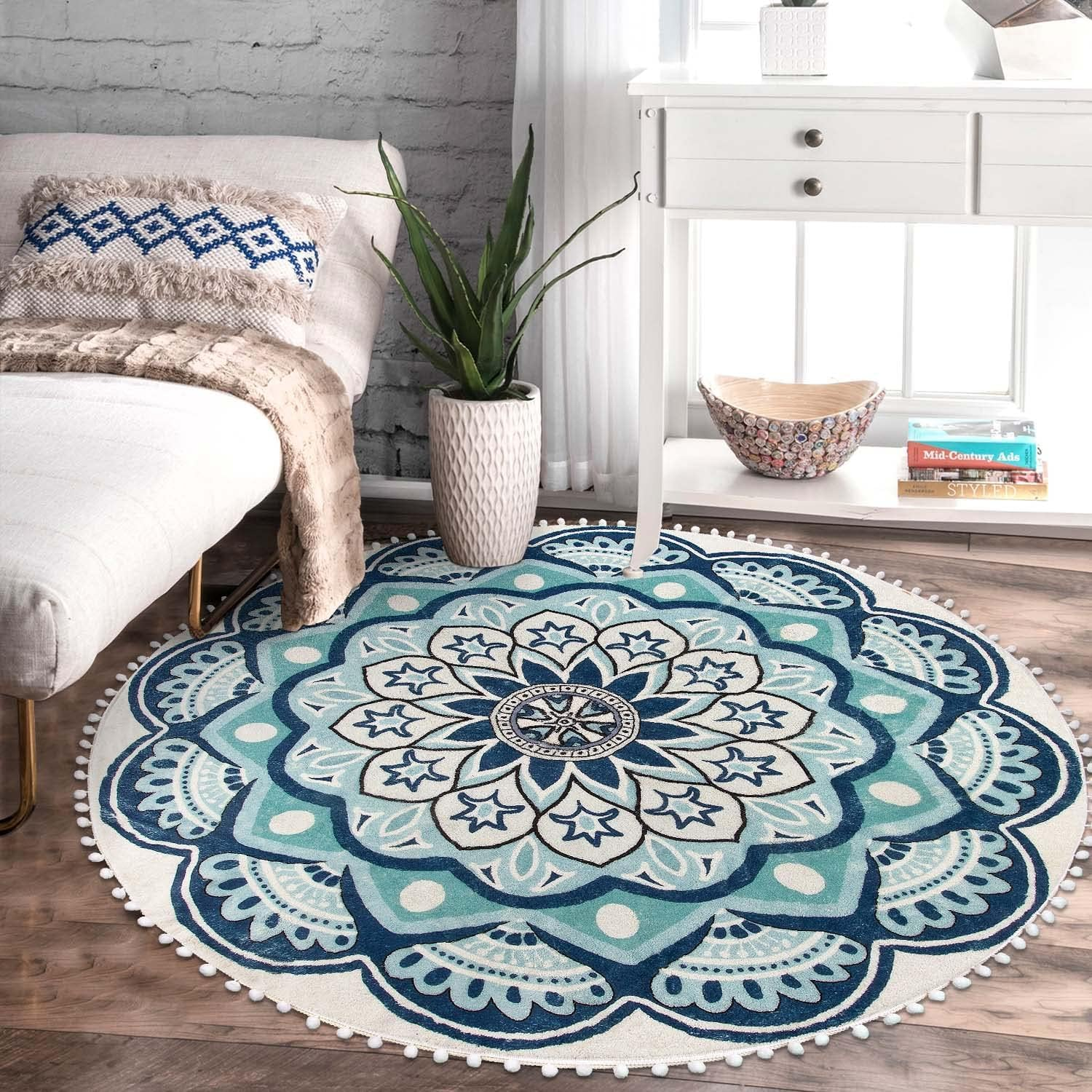 Uphome round Rug 5.3Ft Blue Circle Boho Rug with Pom Pom Fringe Machine Washable Non-Slip Sofa Floor Mat Soft Cute Blooming Mandala Carpet for Living Room Bedroom Kid'S Room Nursery image number 2