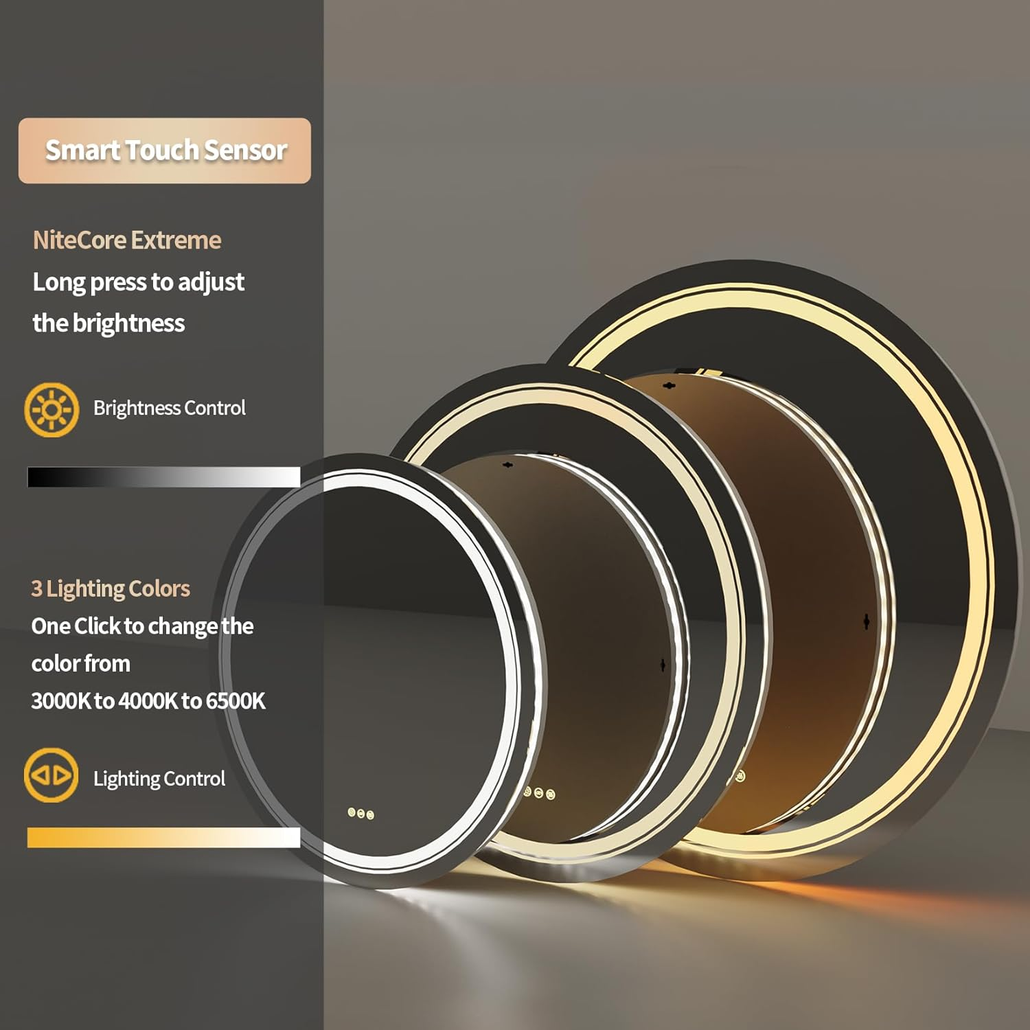 LUVODI round Illuminated Bathroom Mirror: 600Mm Dimmable LED Lighted Circle Wall Mounted Vanity Mirror with Demister Pad Smart Touch Sensor for Makeup Shaving Hairdressing, Front Lighted + Backlit - Front+Backlit image number 2