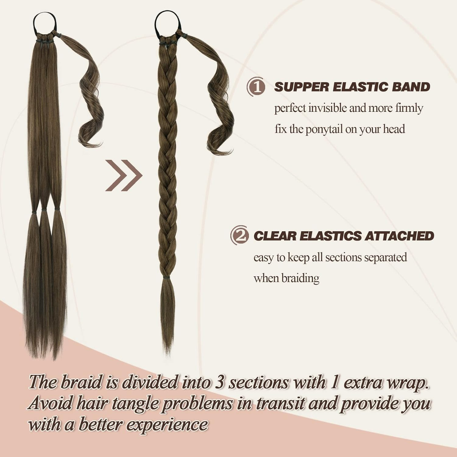 BARSDAR 66 Cm Long Braided Ponytail Extension Elastic Band, Straight Wrapped Braid, Hair Extensions, Ponytail, DIY, Natural, Soft, Synthetic Hairpiece for Women
