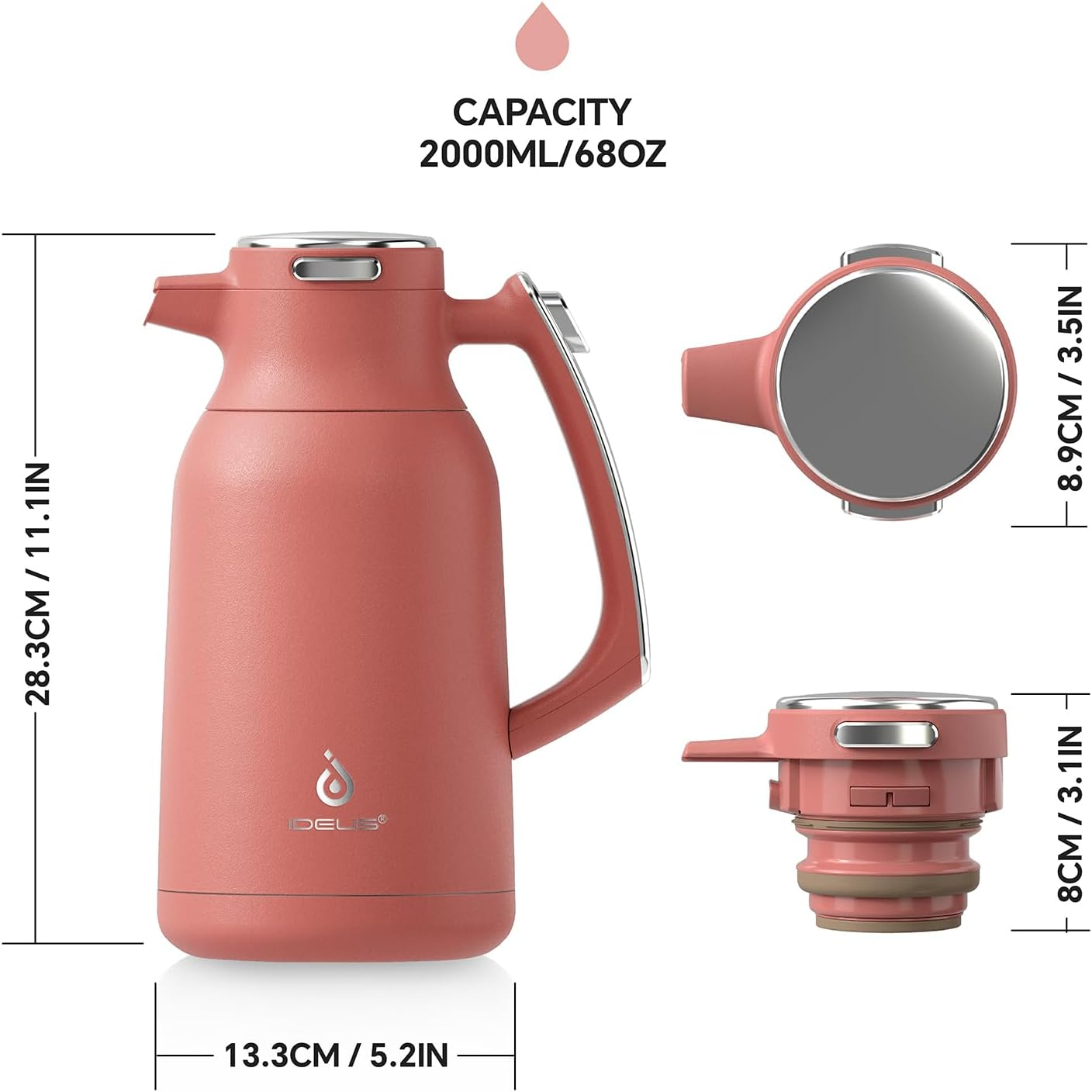 IDEUS Vacuum Insulated Coffee Carafe, 68 Oz (2 Liters) Stainless Steel Milk Jug Thermal Tea Pot Hot & Cold Water Beverage Dispenser (Coral) image number 5