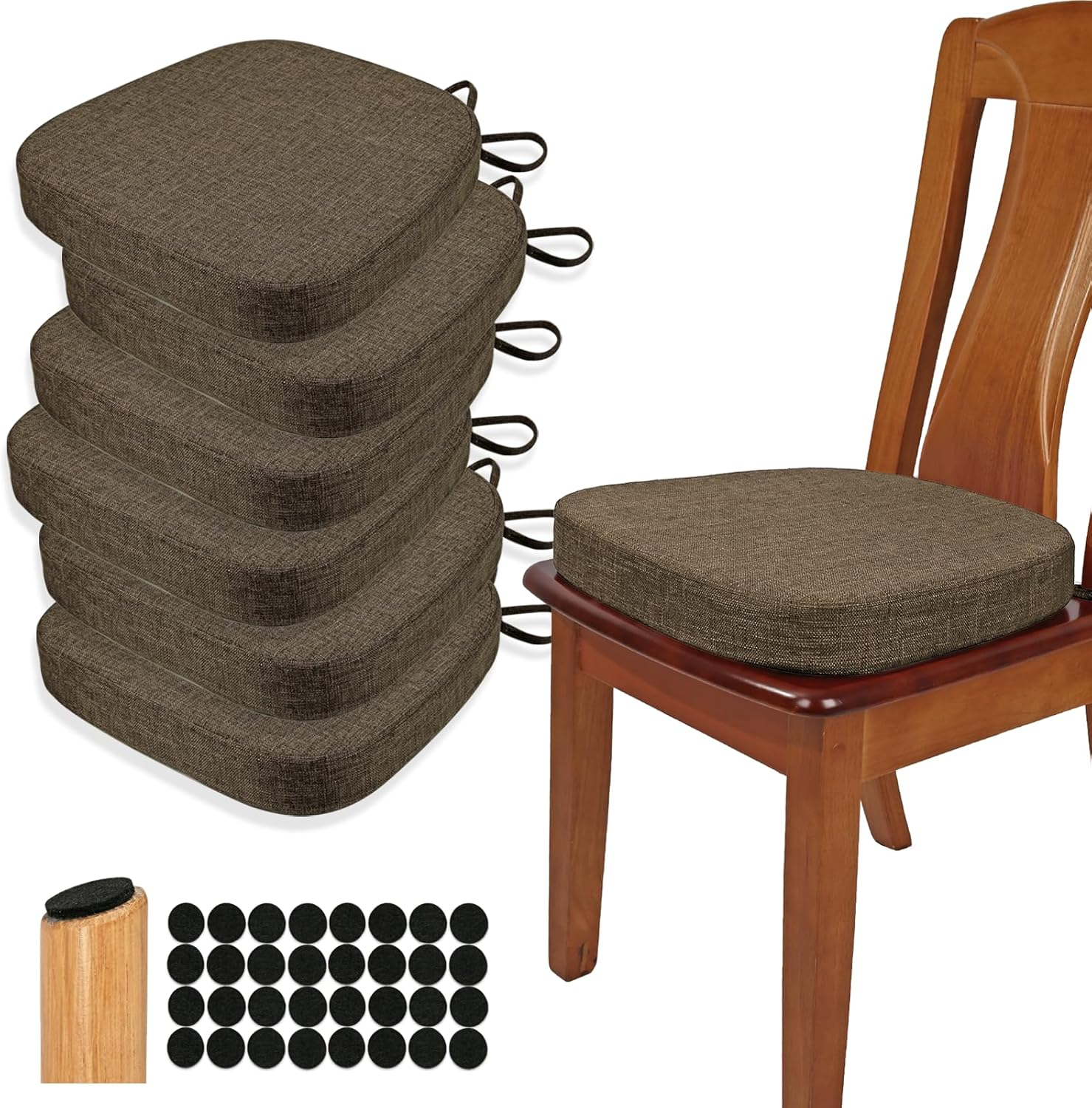 BUYUE Thickened 2.5" Dining Chair Cushions Set of 6, U-Shape High Density Foam Comfortable Chair Pads for Kitchen, Slip Resistant Indoor Seat Cushions (6 PCS, Chocolate)