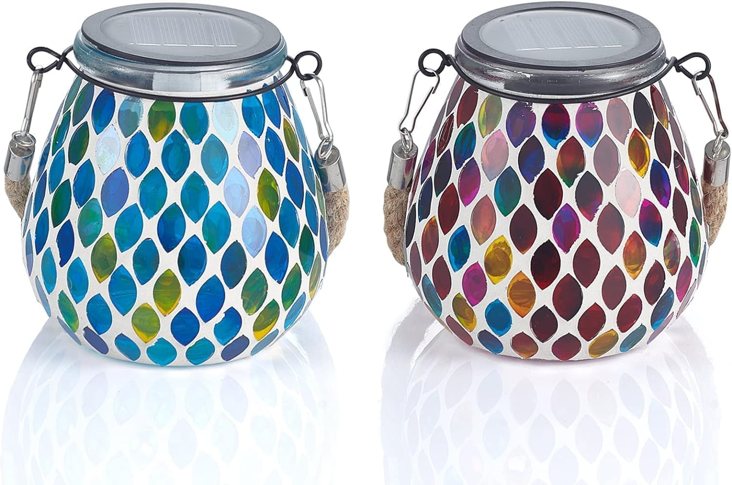 Zarmanuae Mosaic Solar Lanterns Outdoor Hanging Lights, Red & Blue Color Solar Glass Lights, Outdoor Waterproof Solar Night Lights, Garden, Patio, Pathway & Yard Multi-Colour, 2 Pack image number 2