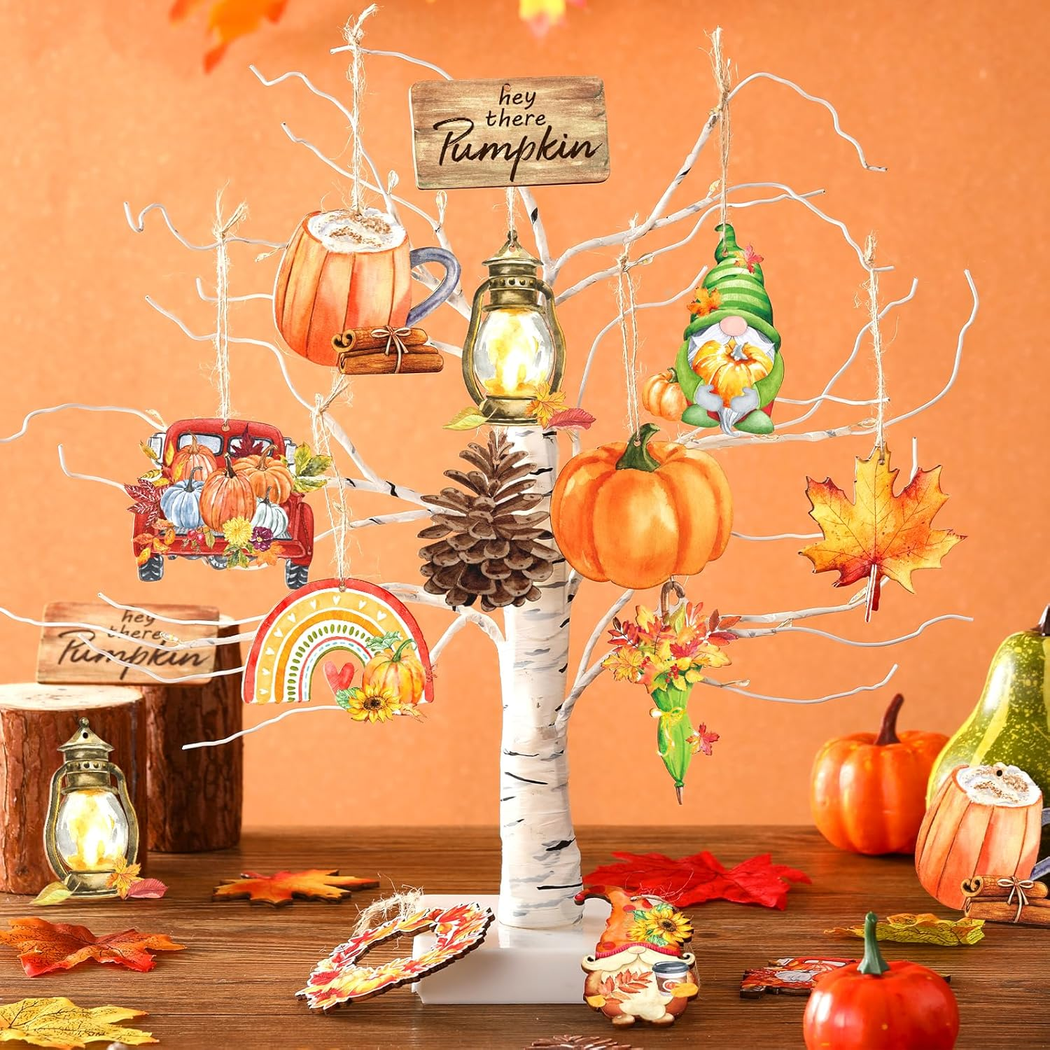 36 Pcs Thanksgiving Tree Ornaments Fall Wooden Hangings Decorations Pumpkin Gnome Maple Leaf Decorative Hanging Ornaments Autumn Harvest Party Favor Gift Tag for Holiday(Fresh Style) image number 7