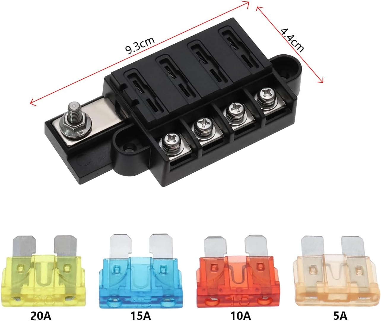 SING F LTD 1 Set of 12V-24V Automotive 4 Way Waterproof Fuse Box Metal Fuse Box 9.3X4.4Cm with Screws and 5A 10A 15A 20A Fuse for Trucks Cars Ships Black image number 4