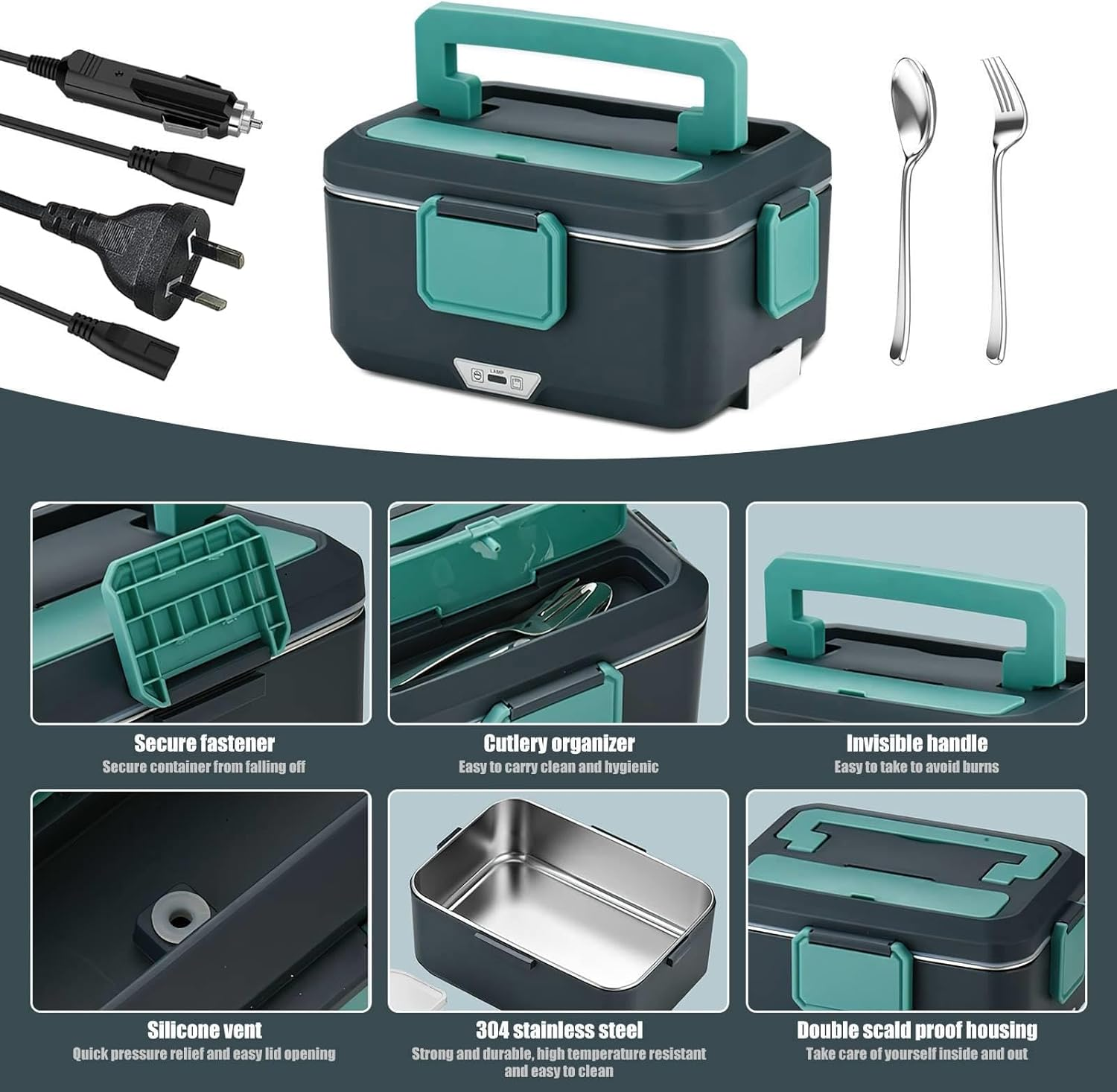 TOJUNE Electric Heating Lunch Box, Food Warmer, 90 W, 2 in 1 Portable Bento for Car, Home, Office, School, Leak Proof with 2.5 L 304 Stainless Steel Container & Spoon, AU Socket 220V 12V 24V (Blue)