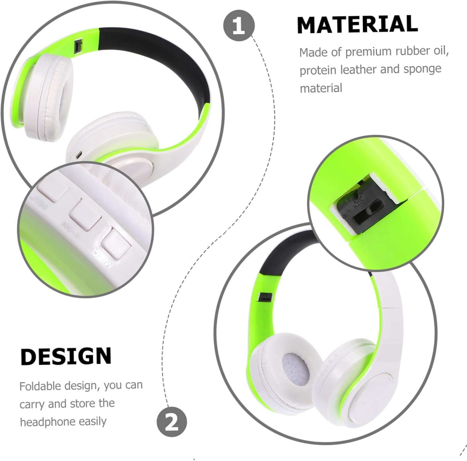 WATIIFUFU Wireless Headset Foldable over Ear Headphone Adjustable Wireless Stereo Headphones with Memory Card Slot for Sports and Travel, Green White image number 6