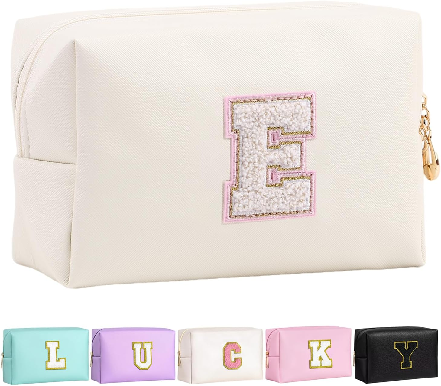 Personalized Initial Makeup Bag Cute Makeup Bag Chenille Letter Waterproof Zipper Cosmetic Bags for Women, Preppy Makeup Pouch Travel Toiletry Bag Organizer Birthday Gift for Girls, Beige-Pink, N image number 6