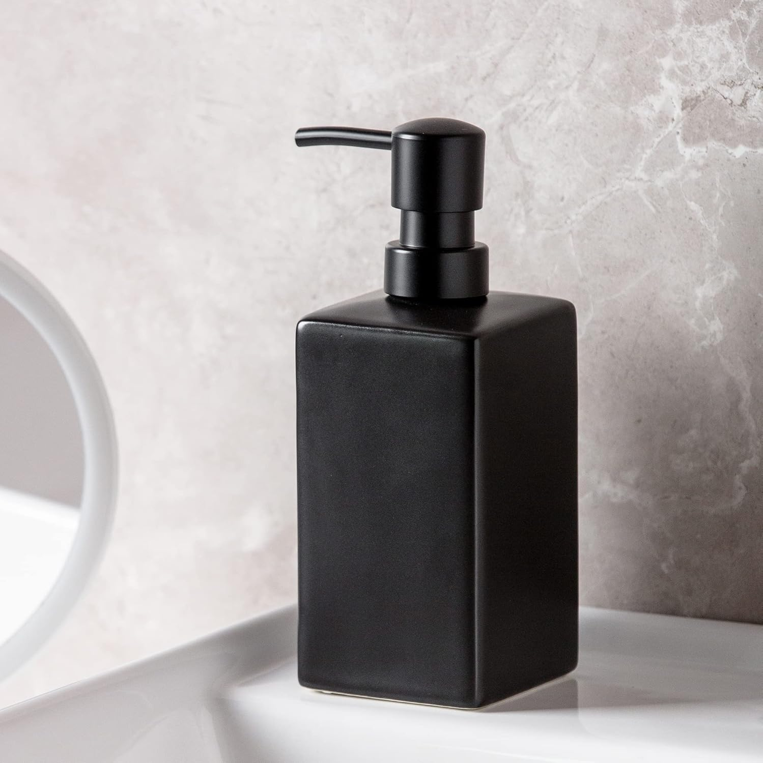 Matte Black Soap Dispenser Ceramic,Square Hand Soap and Lotion Dispenser for Bathroom Countertop,Dish Soap Dispenser for Kitchen-400Ml. - White image number 5