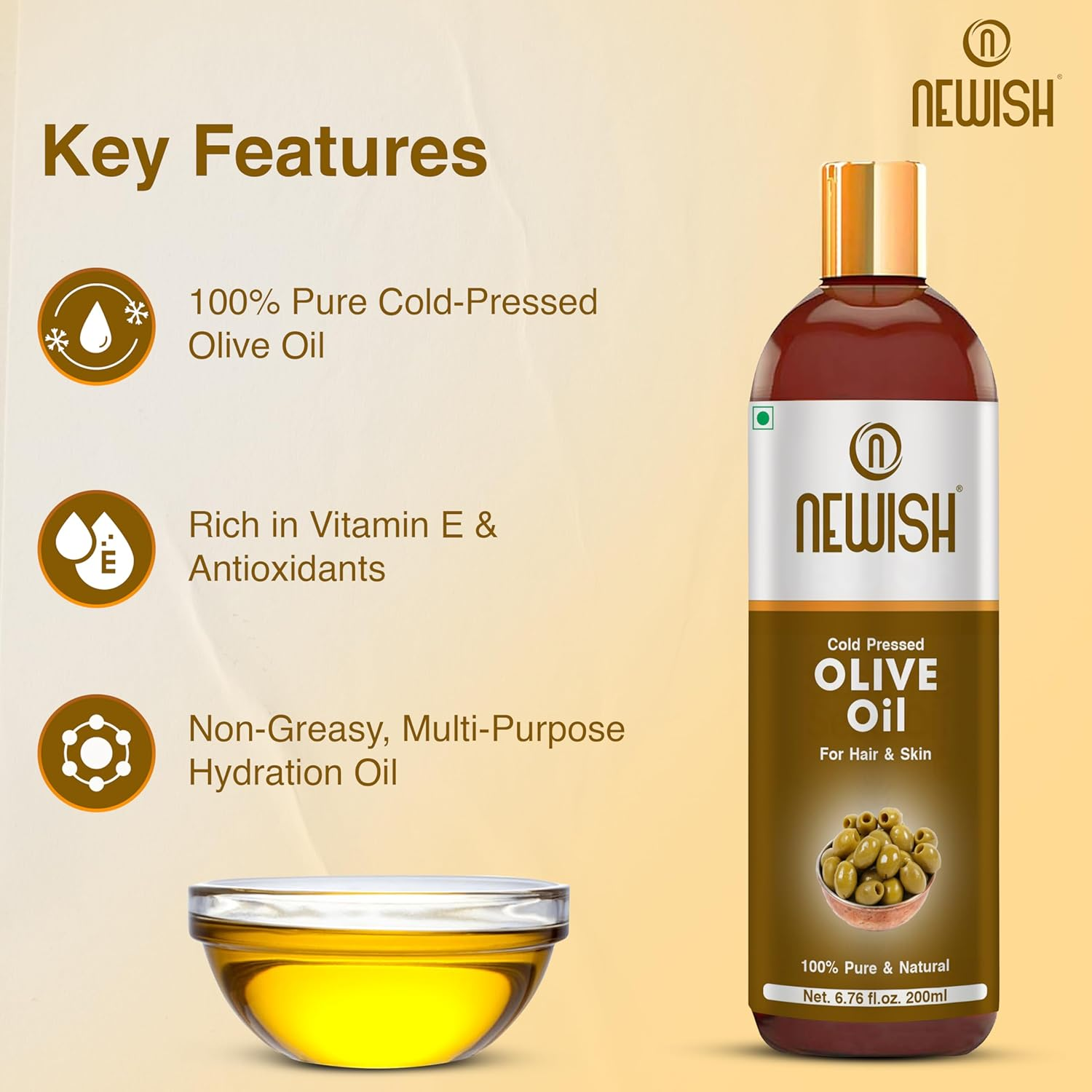 Newish&reg; Pure Cold Pressed Olive Oil for Hair and Skin,200Ml (Olive Oil)