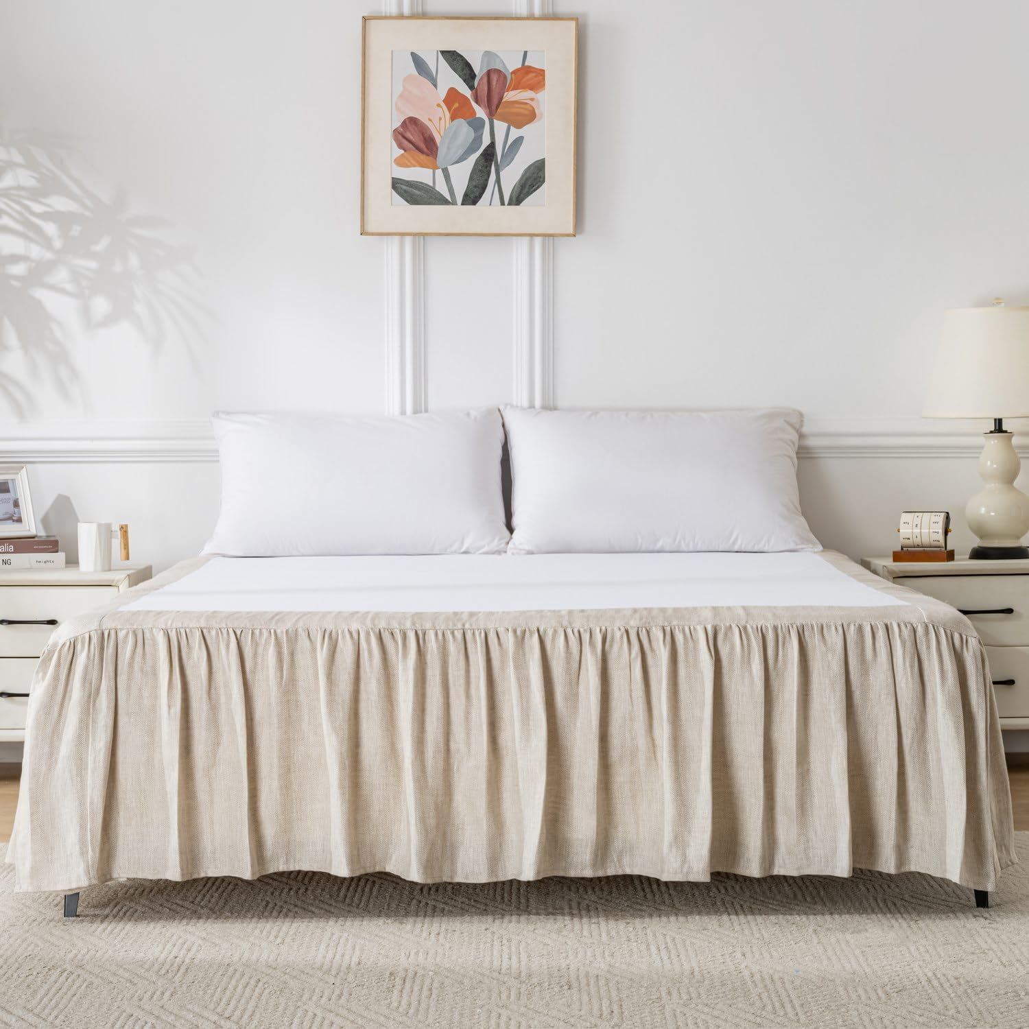 Washed French Linen Bed Skirt, 16-Inch Dust Ruffle, Queen Size 60" W X 80" L, Herringbone Linen, Super Soft, Natural Color image number 4