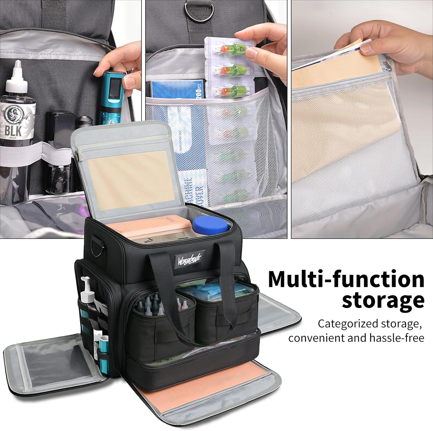 Wormhole Tattoo Case Tattoo Backpack with 3 Inner Removable Pouches 2 Layers Travel Bag for Tattoo Stencil Printer Tattoo Supplies Black 14.6" L X 9.5" W X 14.2" H image number 1