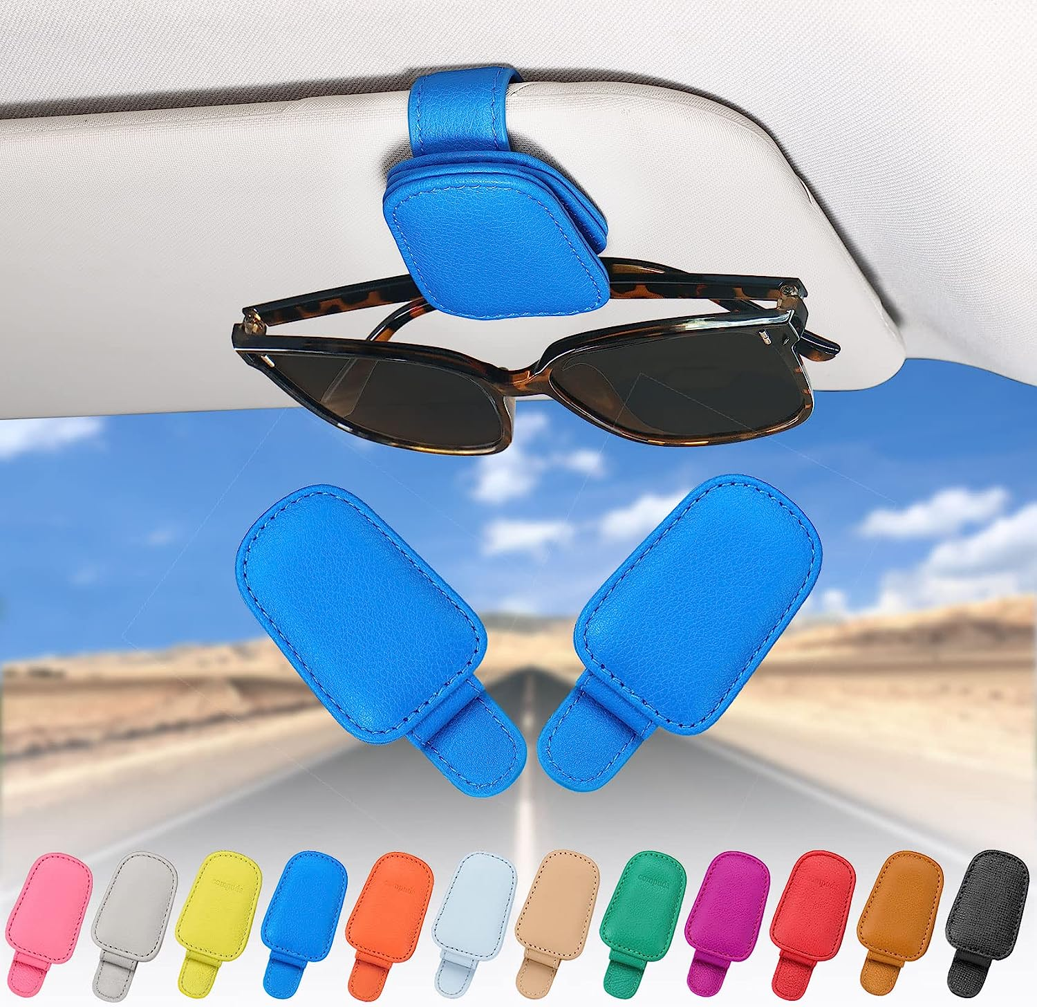 2 Packs Sunglass Holder for Car Sun Visor Car Accessories, Genuine Leather Car Sunglass Holder, Glasses Clip for Cars SUV (Blue)