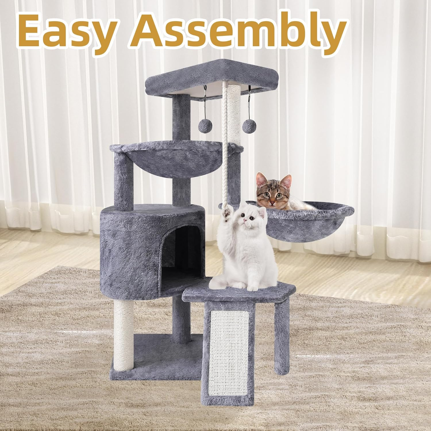 ROYPET 37.4'' Three Layer Cat Tree with Cat Condo Scratching Pad and Two Hammocks, Grey image number 6