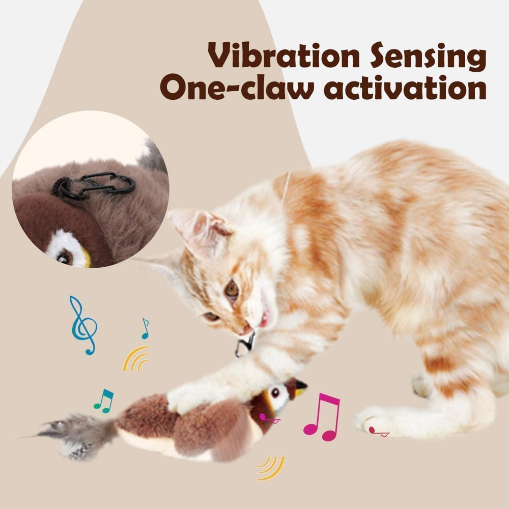 2026 New Interactive Cat Bird Toy, Flapping Wings Sparrow Catnip Toys, Vivid Chirping, Simulation Bird Singing Cat Toy, Electric Interactive Cat Toys for Indoor Cats, Rechargeable (Sparrow)