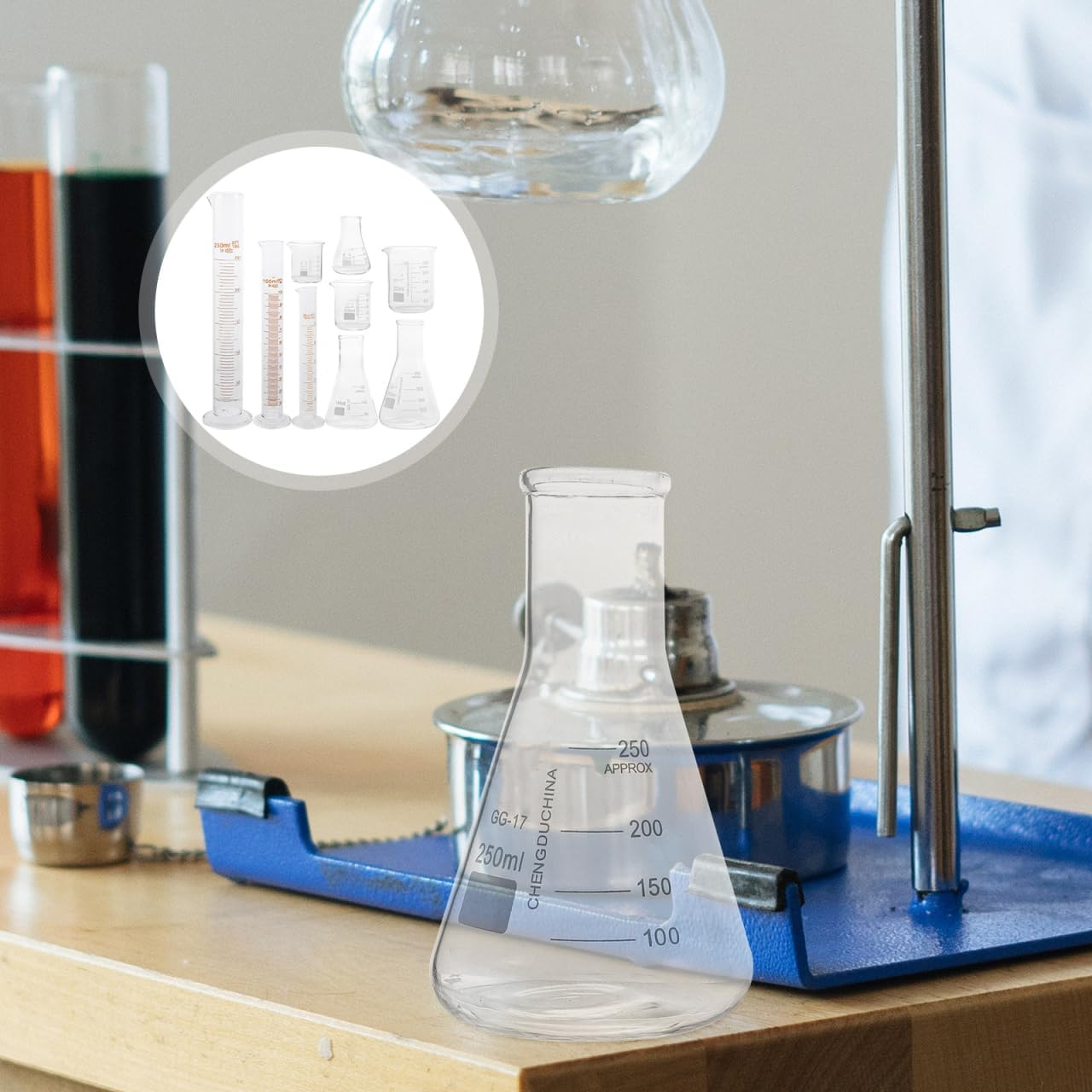 Baluue 9Pcs Set Chemistry Beaker Set Graduated Cylinder Measuring Cup Conical Flask High Durability Glass for Science Experiment image number 1