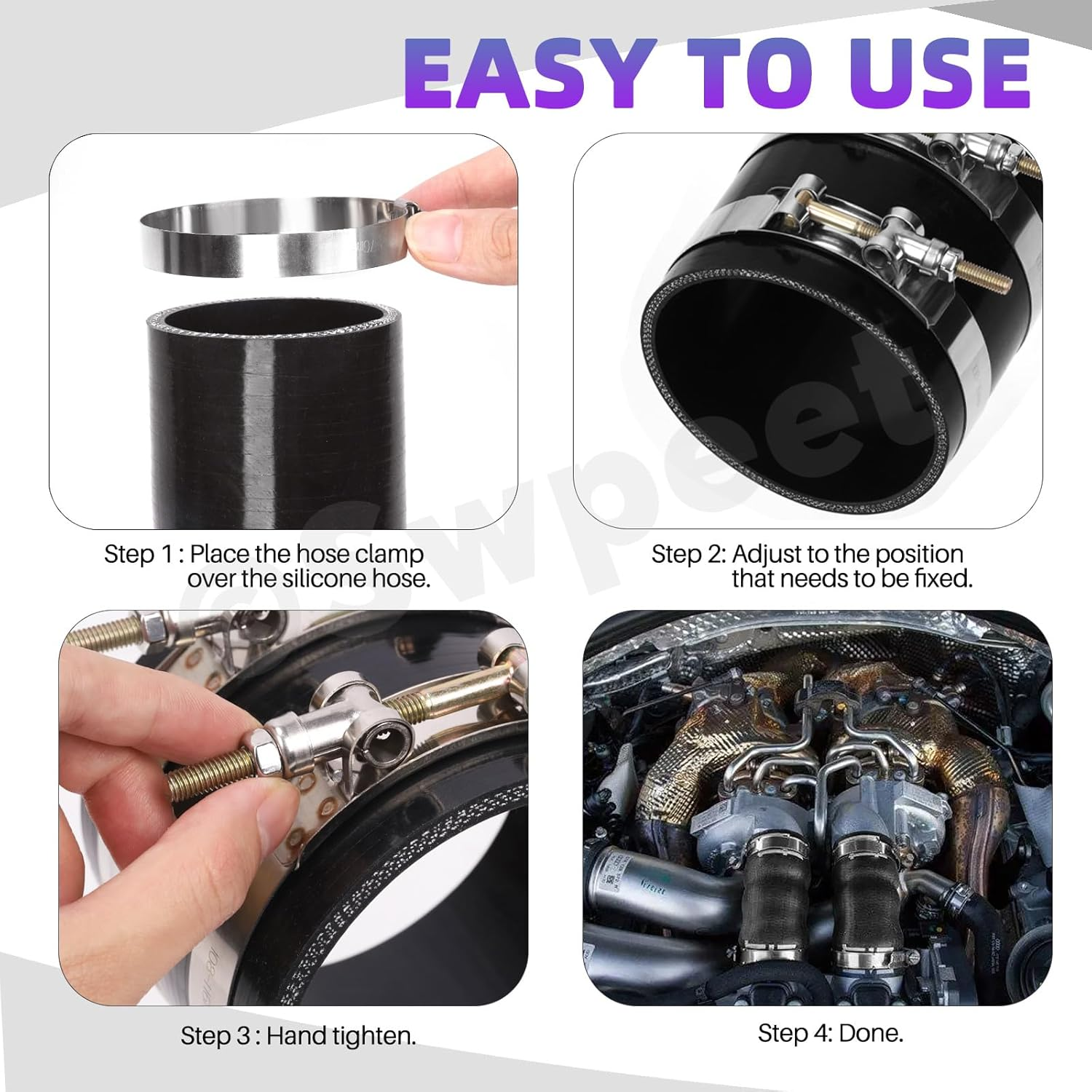 Swpeet 7Pcs 3 Inch - 76Mm 90 Degree Elbow 4-Ply Reinforced Silicone Hose with 86-94Mm T Bolt Hose Clamp and 6Mm Hex Nut Kit, Automotive Pure Silicone Hose for Turbo Intake Intercooler image number 2