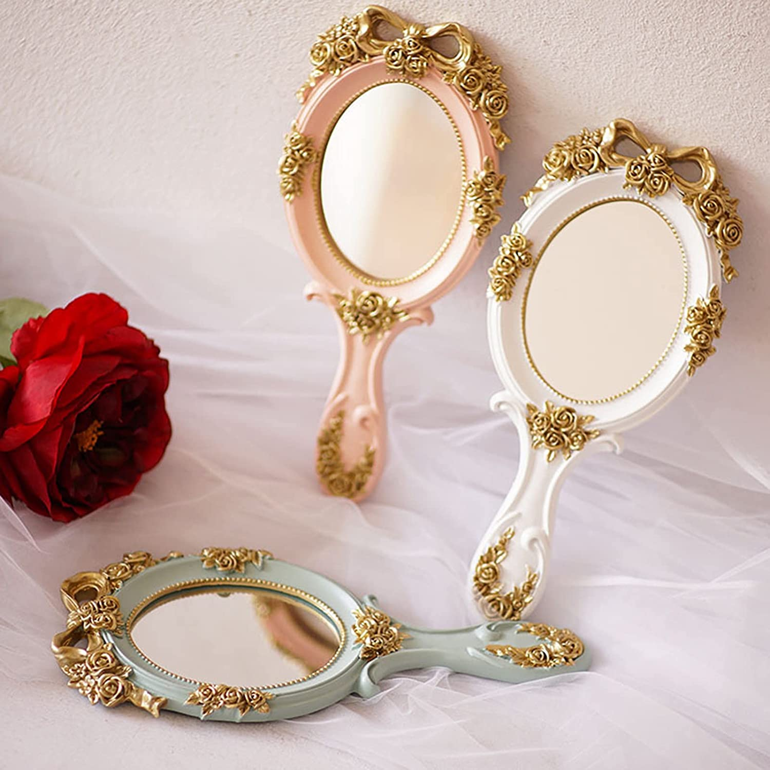 Nerien Vintage Style Rose Hand Held Mirror Princess Oval Vanity Mirror Pink image number 5