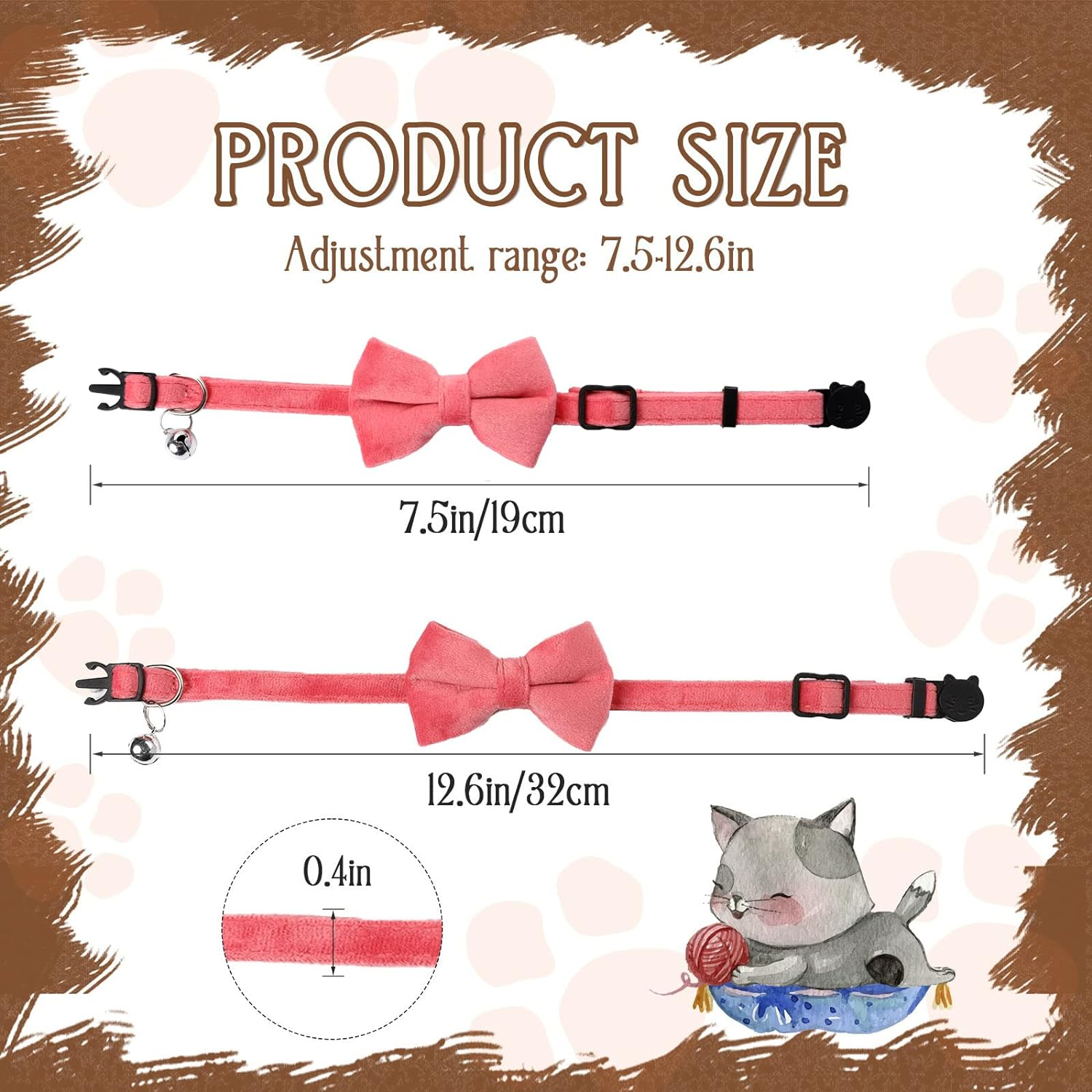 Sliverdew 4 Pcs Velvet Cat Collars Cute Cat Bow Tie Collar with Bell Breakaway Cat Collar Detachable Bowtie Safety Pet Collar for Small Puppy Kitten (Black, Red, Blue, Pink) image number 6