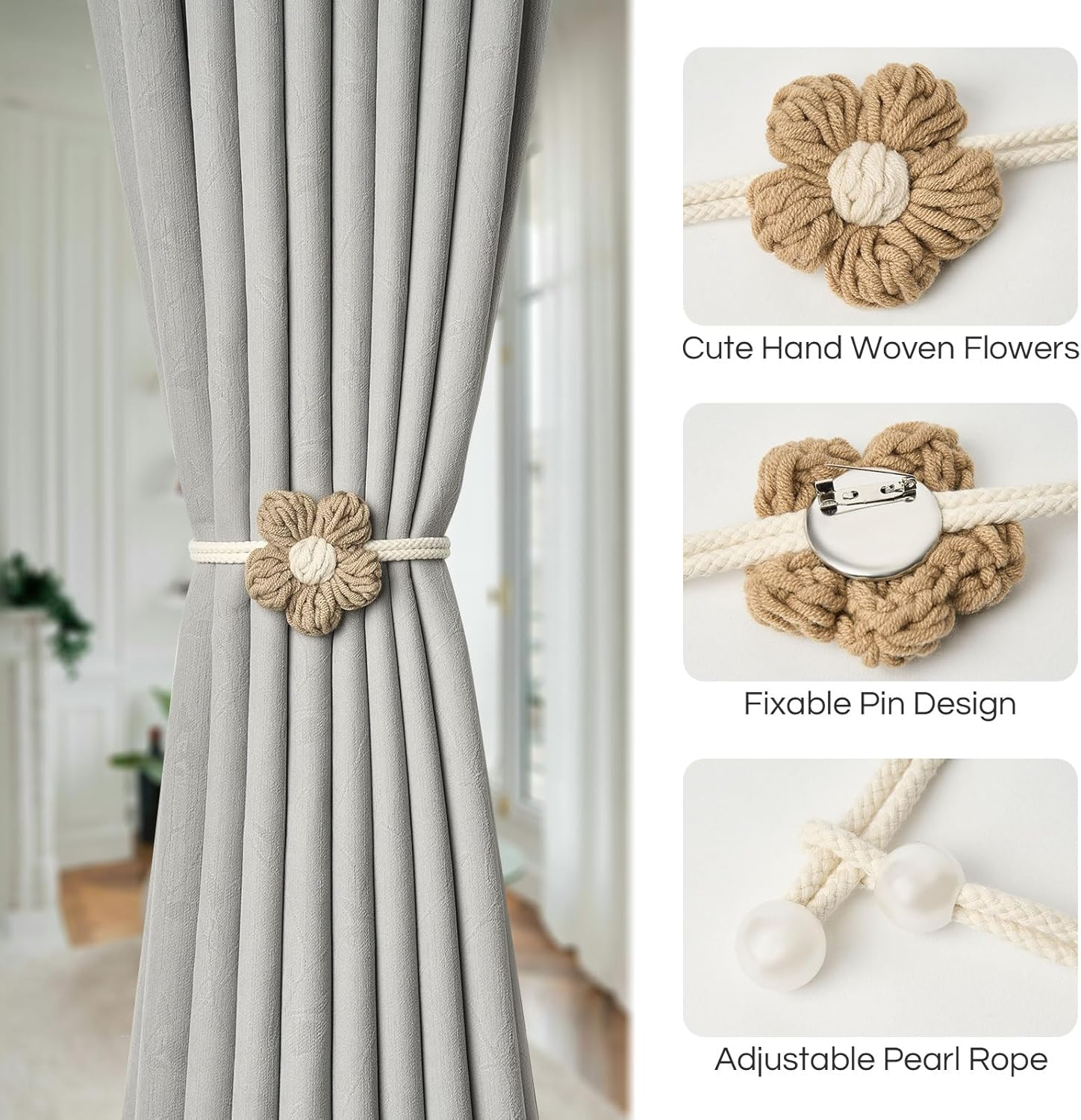 Pretty Jolly 4 Pack Cute Hand-Woven Flower Curtain Tiebacks Boho Farmhouse Style Home Decor Drape Tie Backs Adjustable Natural Cotton Rope Curtain Holdbacks for Home Office Window Draperies (C-Coffee) image number 7