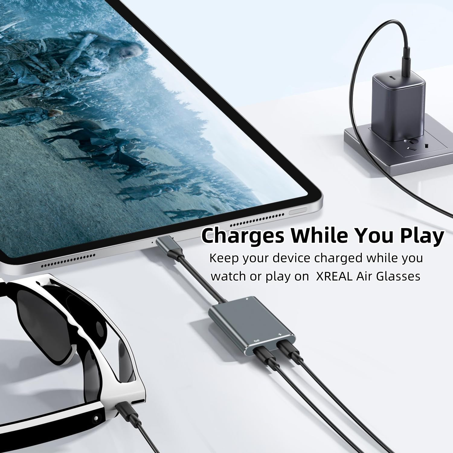 NCGGY XREAL Hub,Charge and Play Adapter,Power Your AR Glasses While Charging Your Source Device,Like Steamdeck,Swtch,Rog Ally, Phone 16 15 or Other USB C Interface Devices,4K@60Hz+65W Fast Charging
